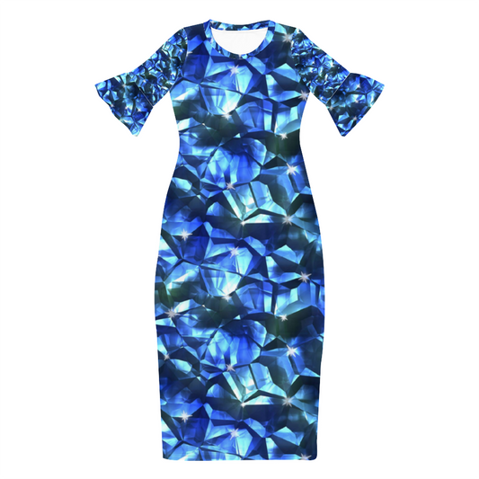 Blue Crystal Pattern Custom Lotus Leaf Short Sleeve Long Dress Women's Summer Fashion Dress