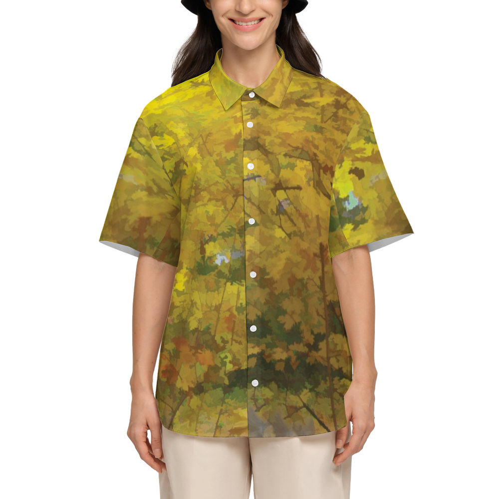 Fall Color Backyard Women's Short-Sleeve Button-Up Shirt-Cotton Feel