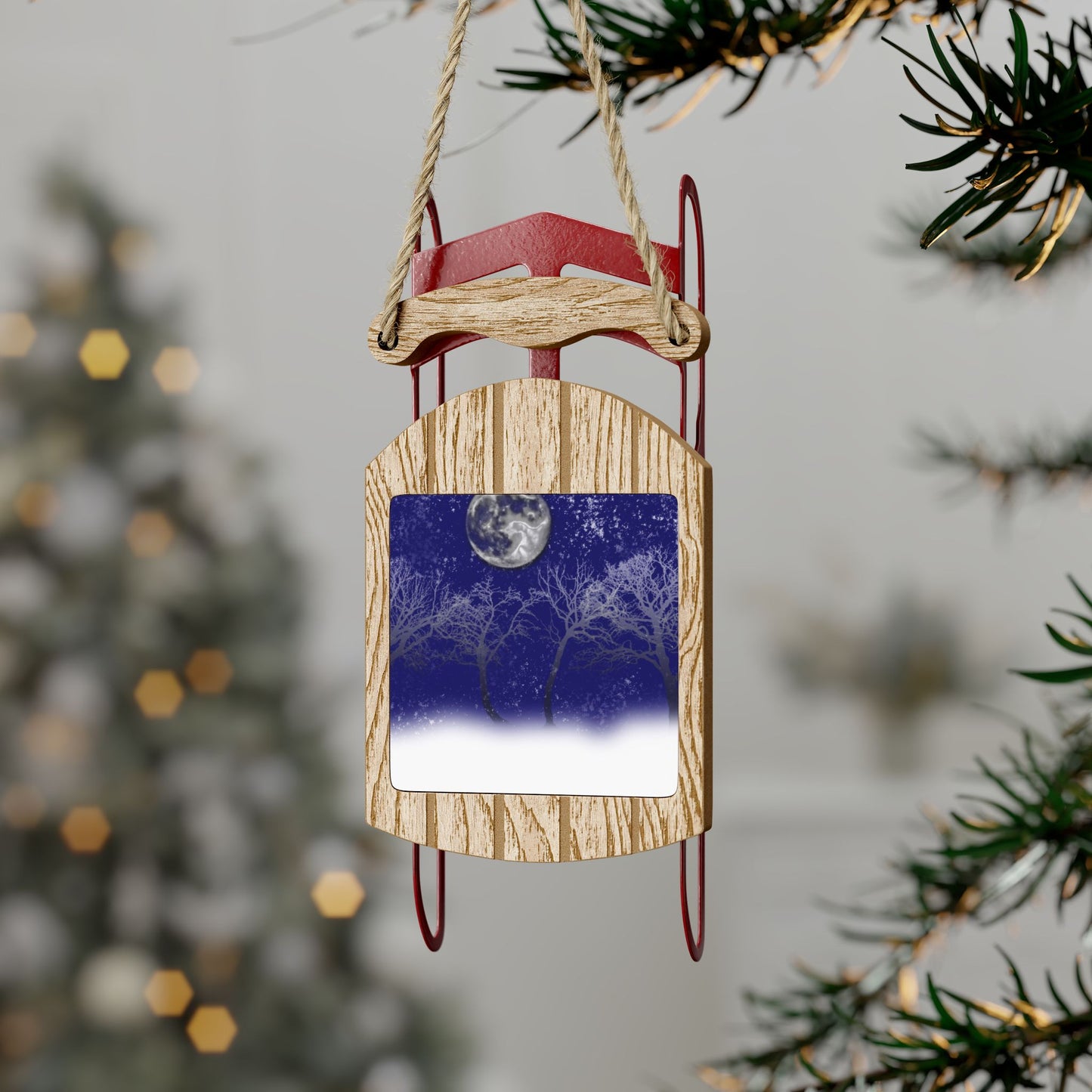 Blue Moon Snow Trees Sled Ornaments