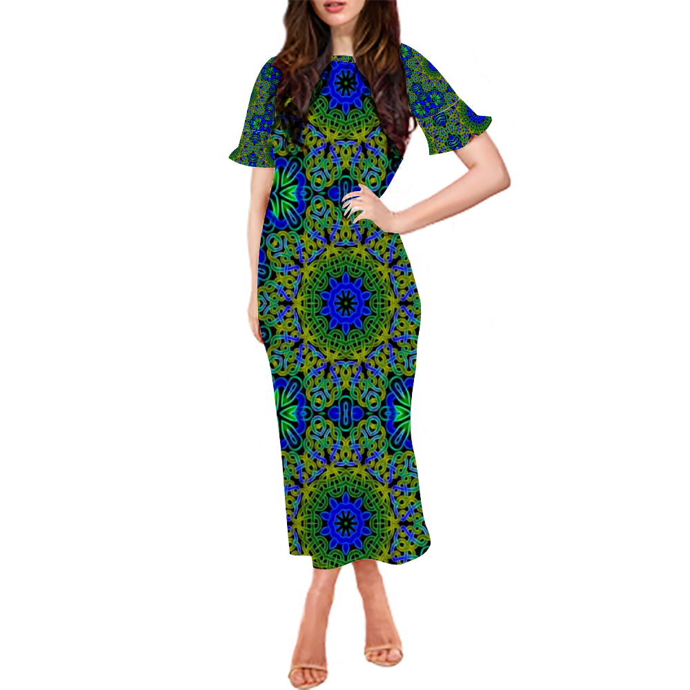 Blue Green Celtic Kaleidoscope Custom Lotus Leaf Short Sleeve Long Dress Women's Summer Fashion Dress