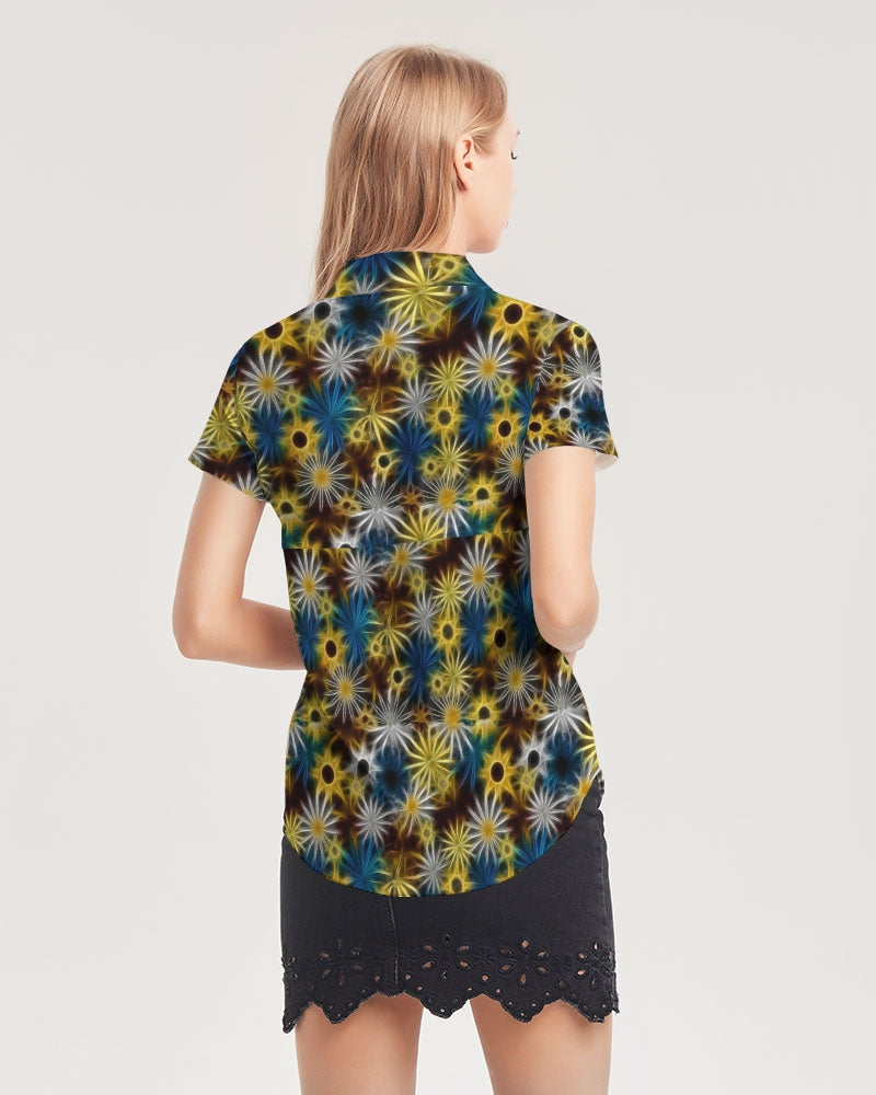 Blue and Yellow Glowing Daisies Women's All-Over Print Short Sleeve Button Up