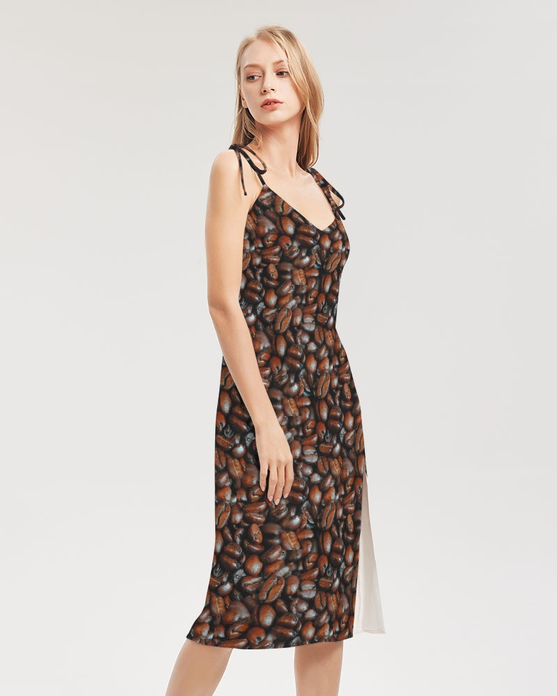 Coffee Bean Pattern Women's All-Over Print Tie Strap Split Dress