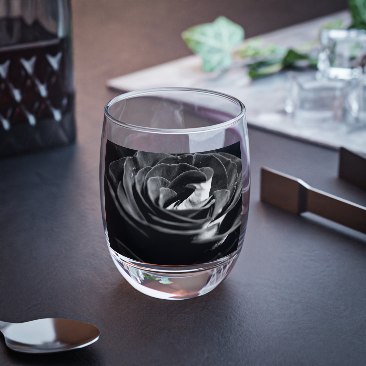 Dark Black and White Rose Whiskey Glass