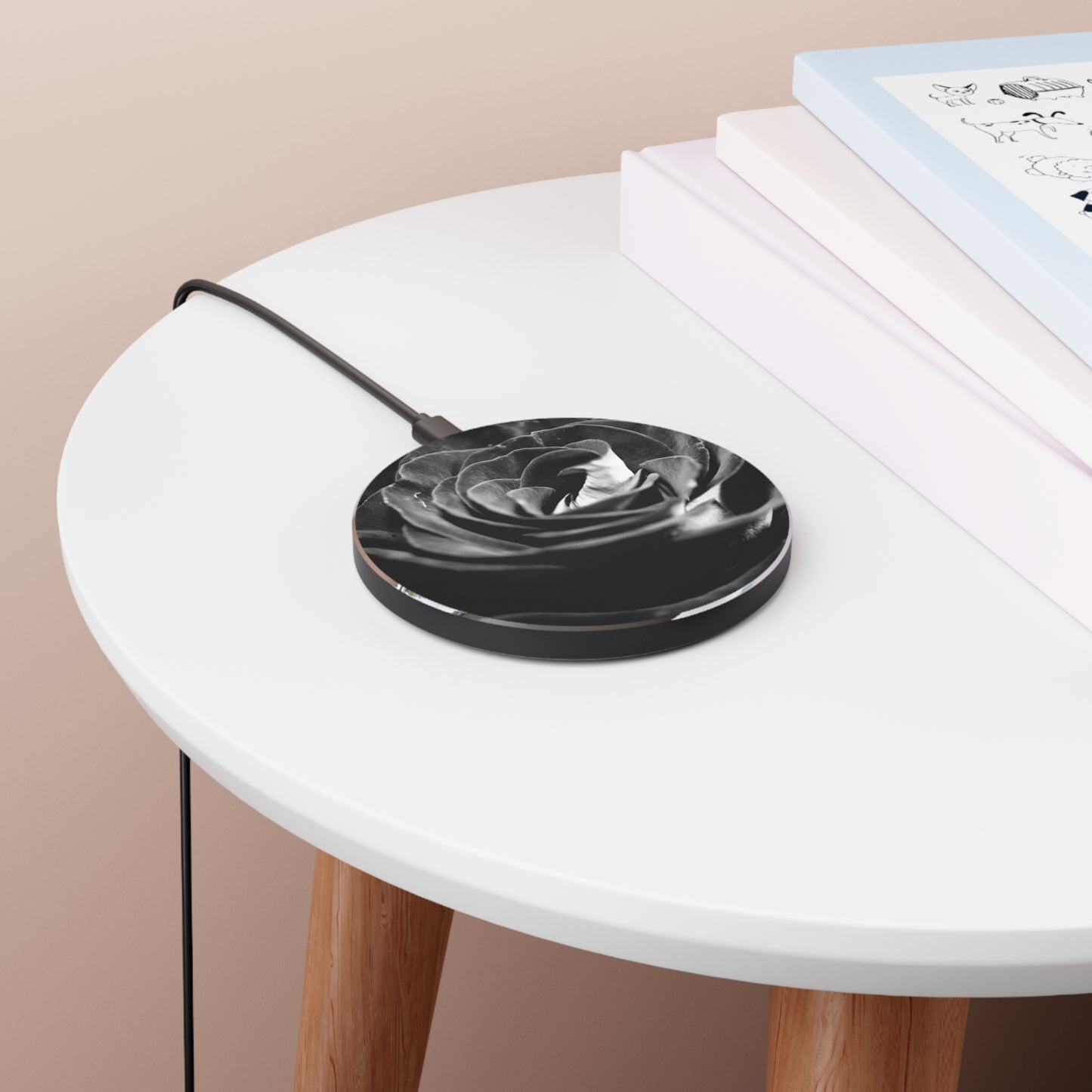 Dark Black and White Rose Wireless Charger
