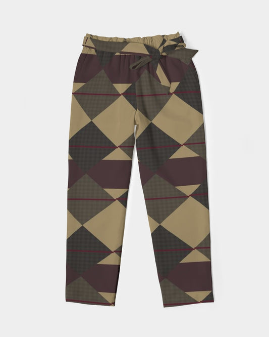 Checkered Brown Plaid Argyle Women's All-Over Print Belted Tapered Pants