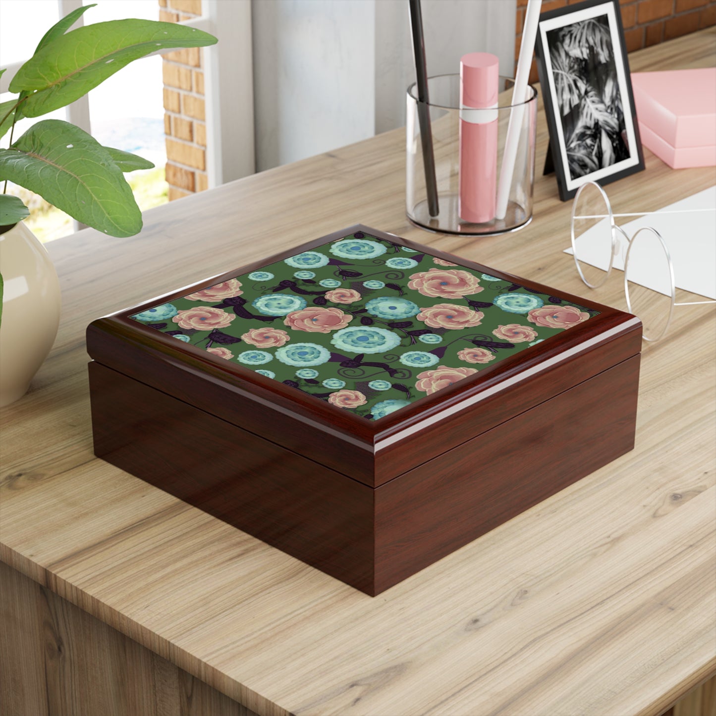 Earthy Peach and Turquoise Flower Pattern Jewelry Box