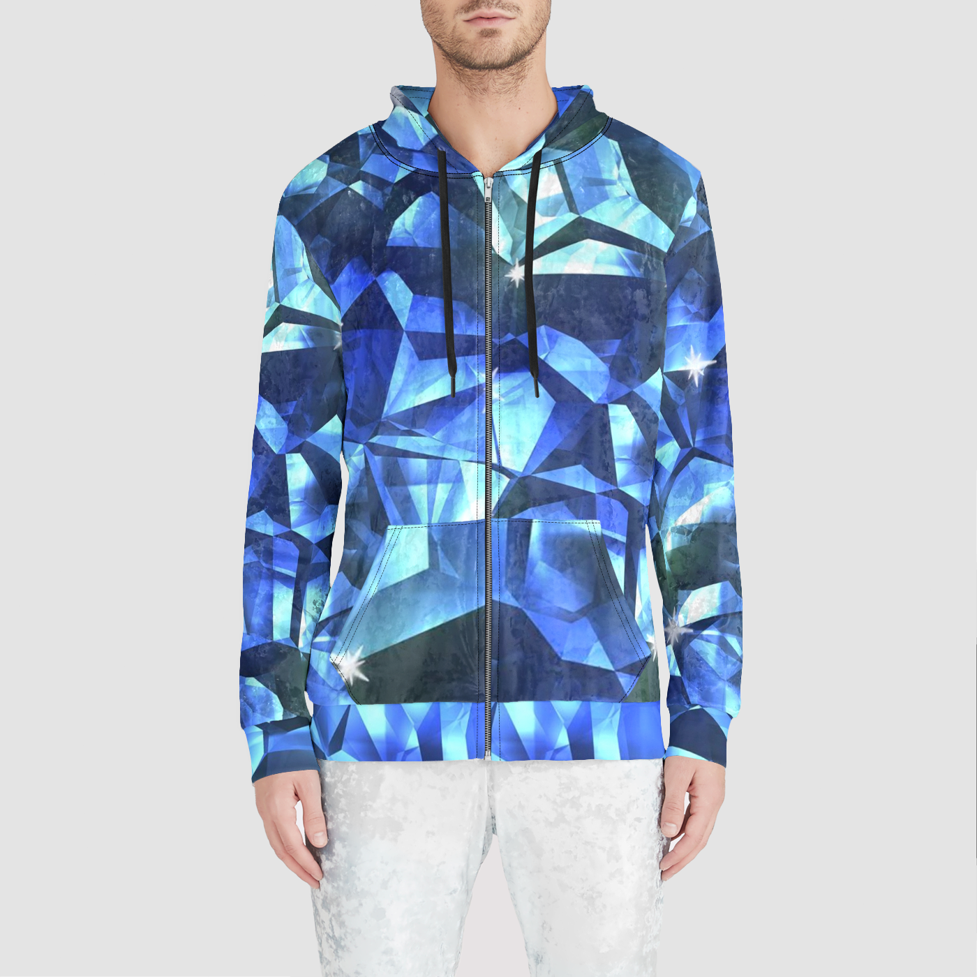 Blue Crystal Pattern Unisex Zip Relaxed Velvet Hoodie