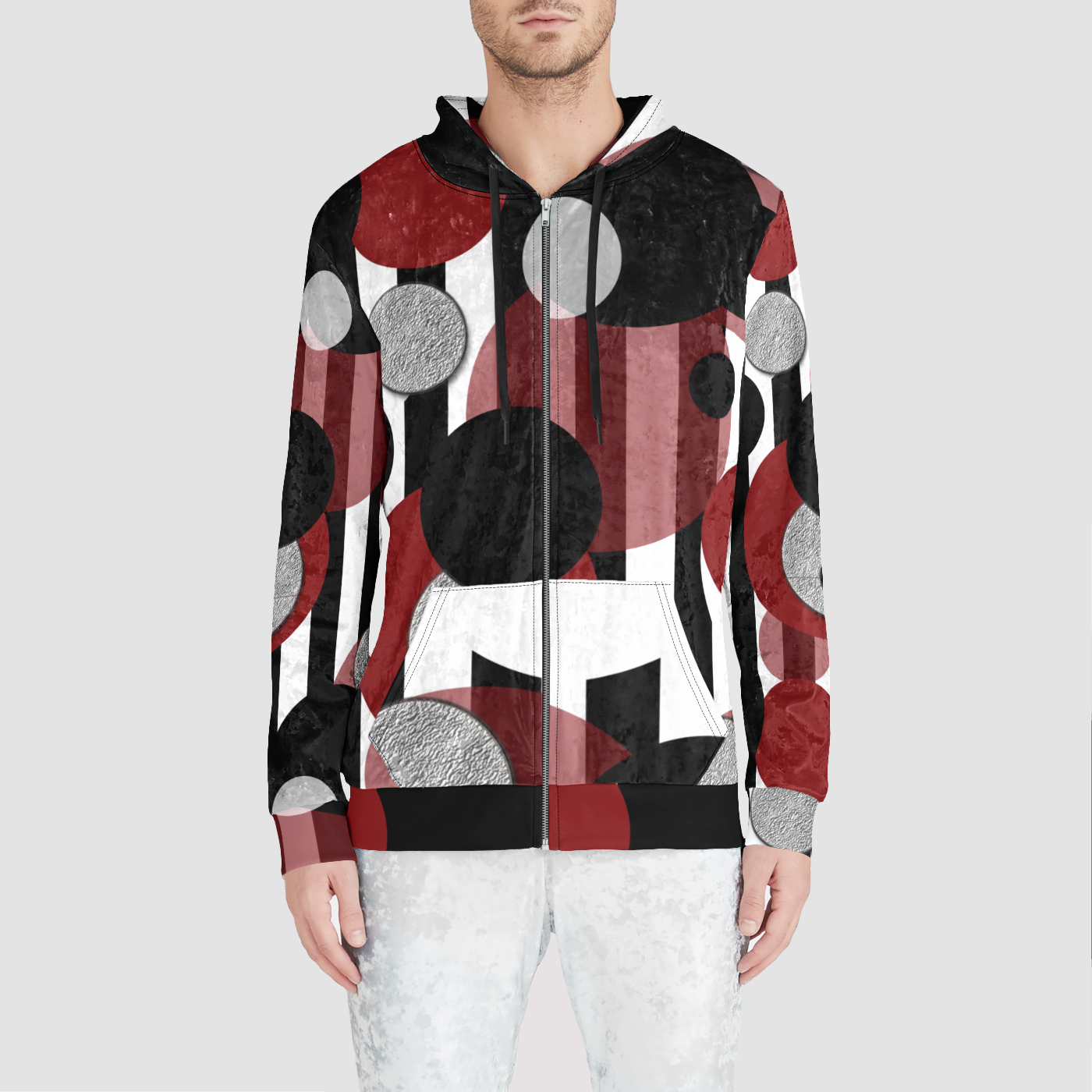 Black White Stripes Red Dots Unisex Zip Relaxed Velvet Hoodie