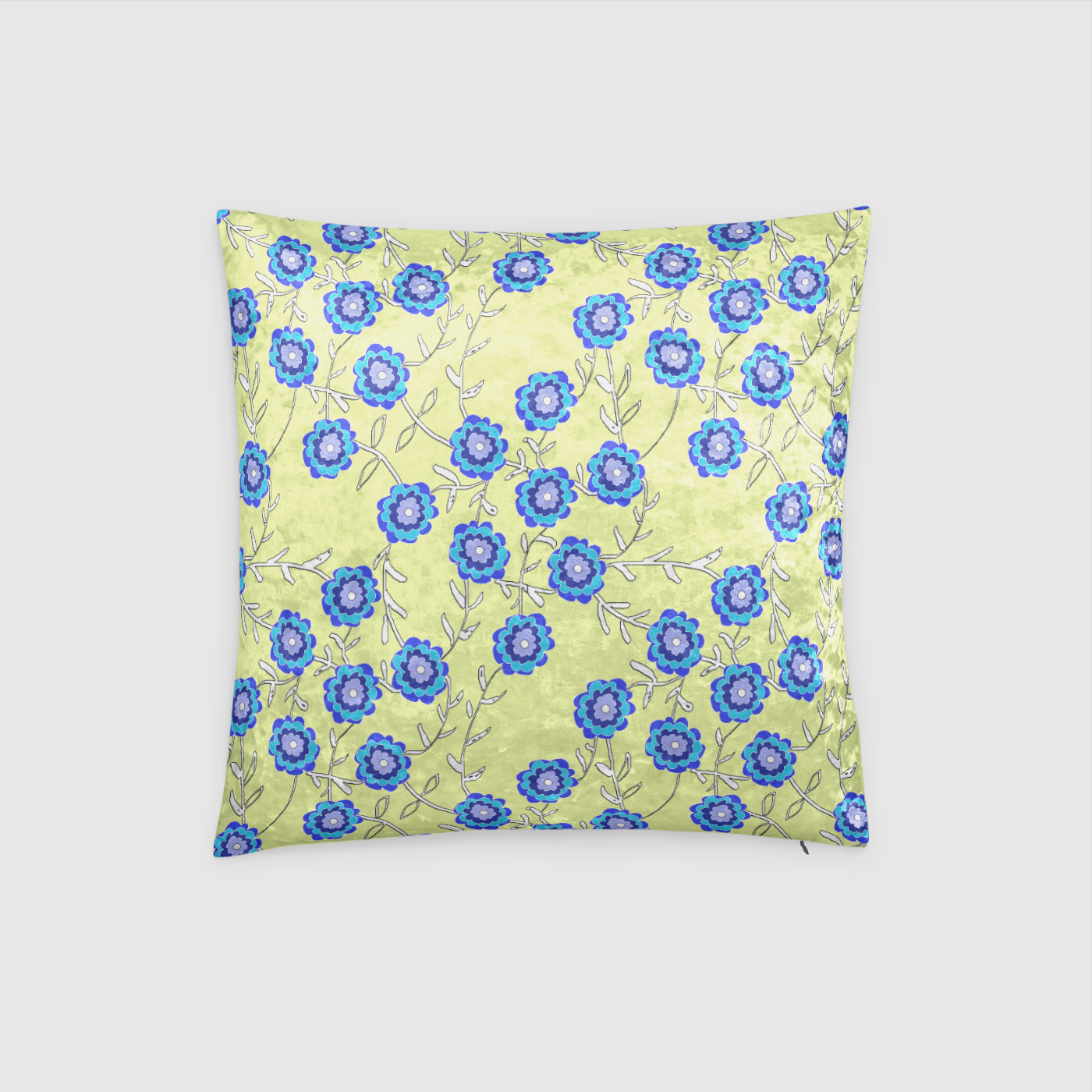 Blue Flowers on Yellow Crushed Velvet Throw Pillow