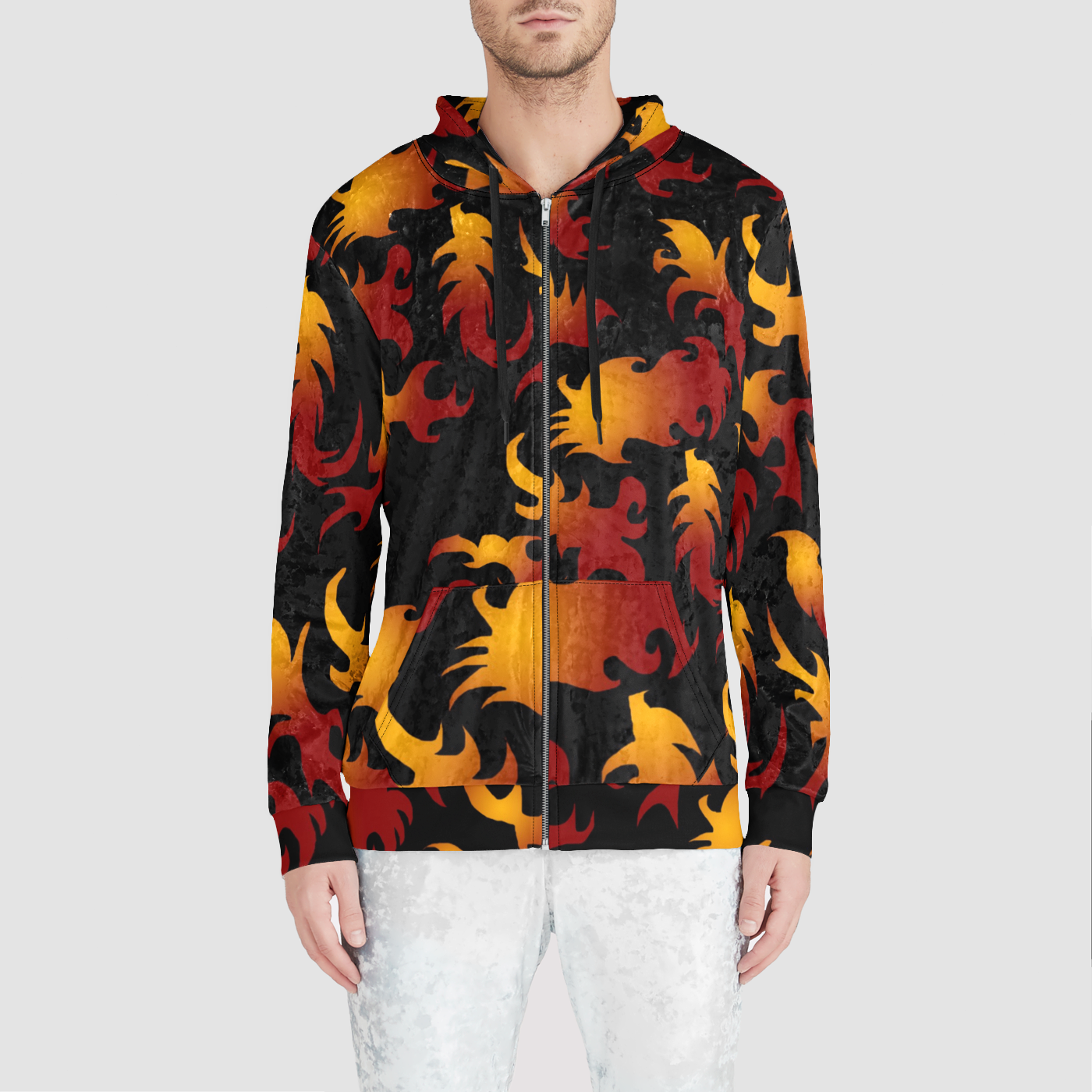 Abstract Flames Pattern Unisex Zip Relaxed Velvet Hoodie