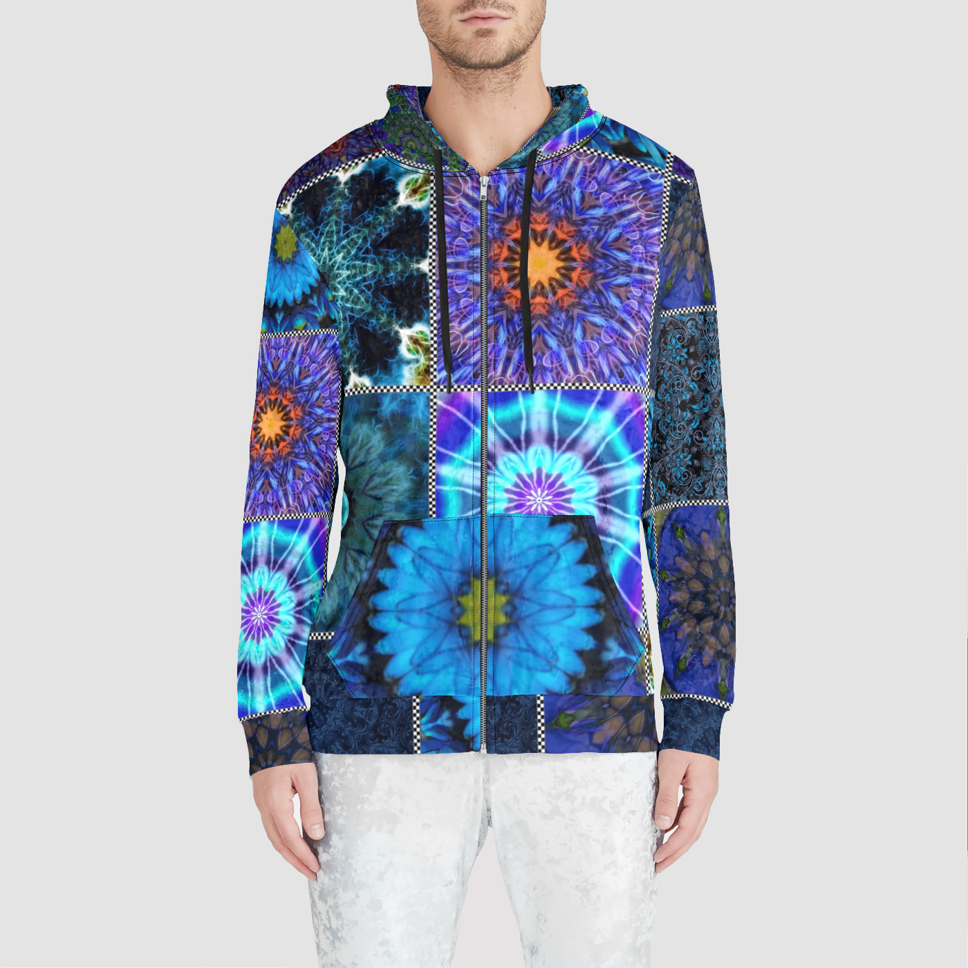 Blue Crazy Quilt Unisex Zip Relaxed Velvet Hoodie