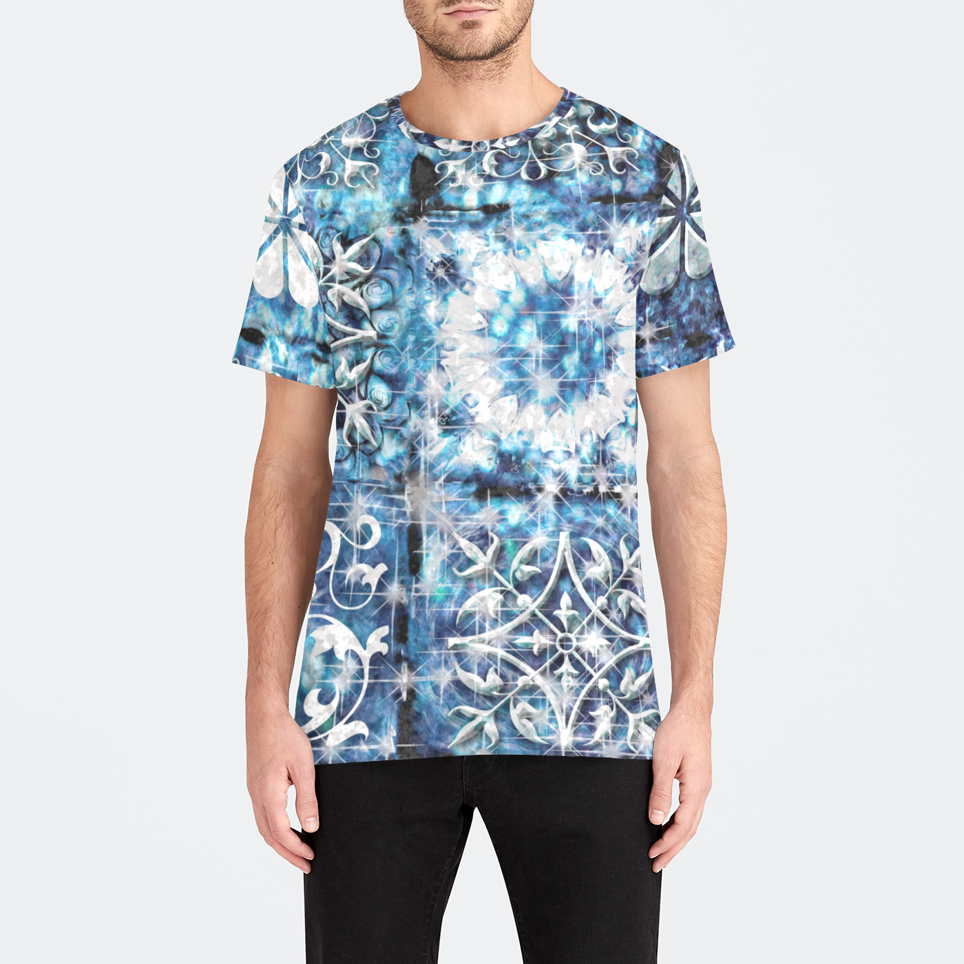 Blue Ice Crystals Motif Mens Velvet Tee