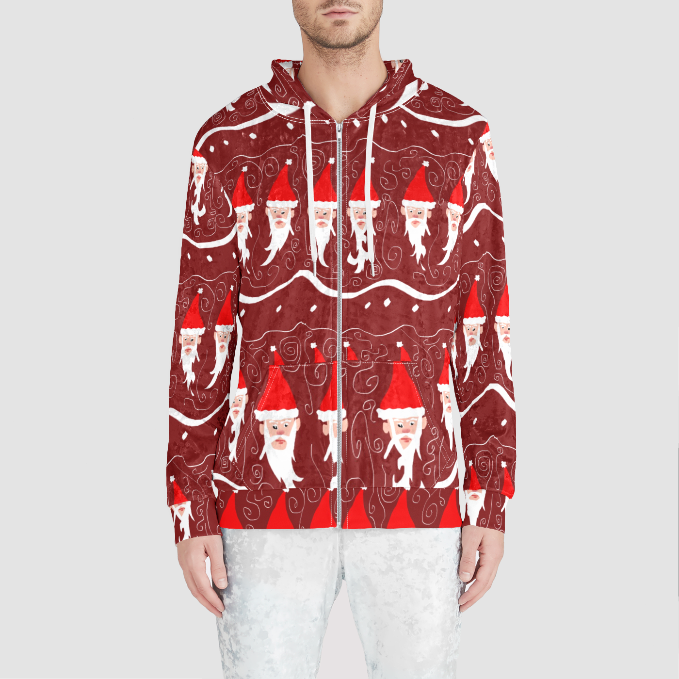 Bearded Santa Pattern Unisex Zip Relaxed Velvet Hoodie