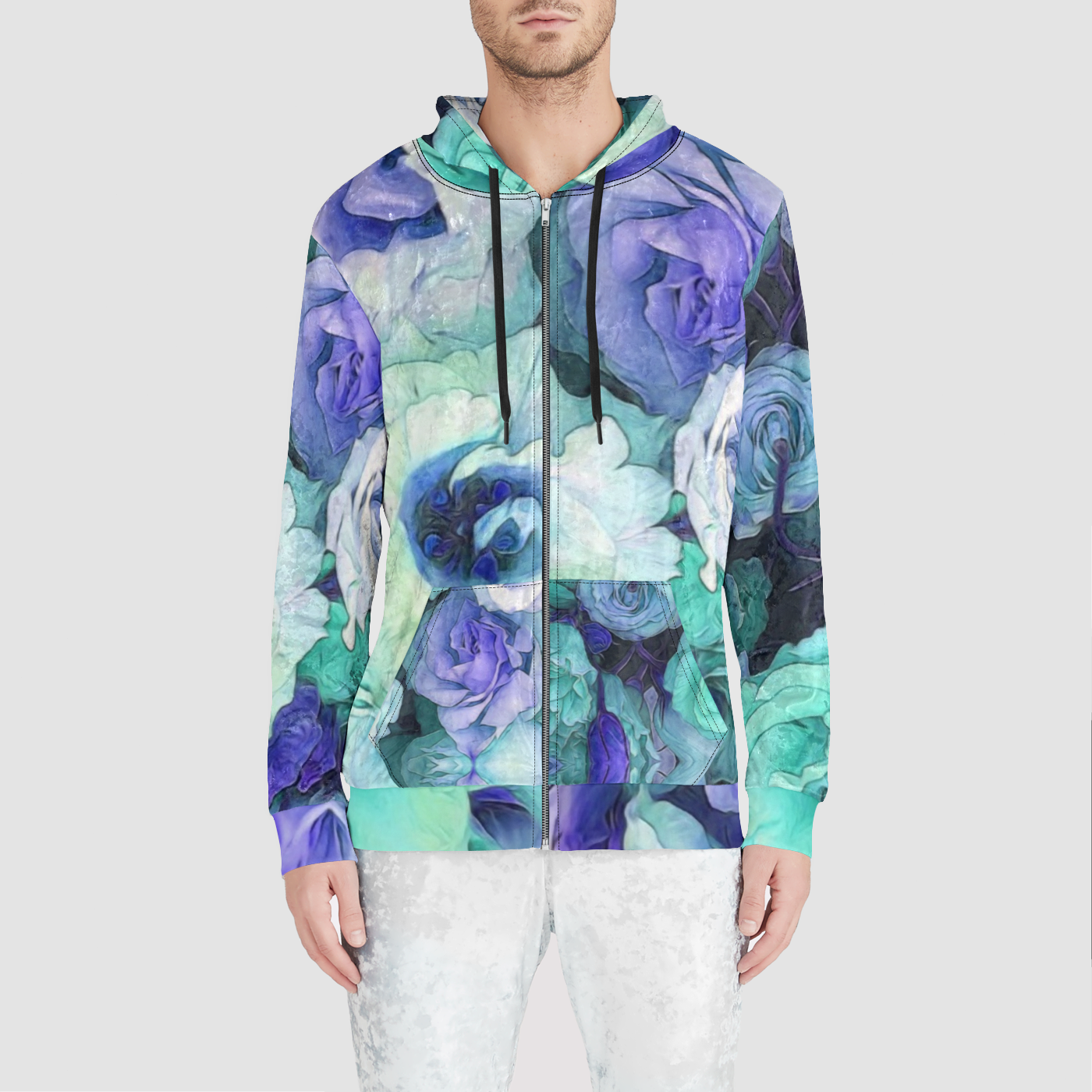 Aqua Flower Kaleidoscope Unisex Zip Relaxed Velvet Hoodie