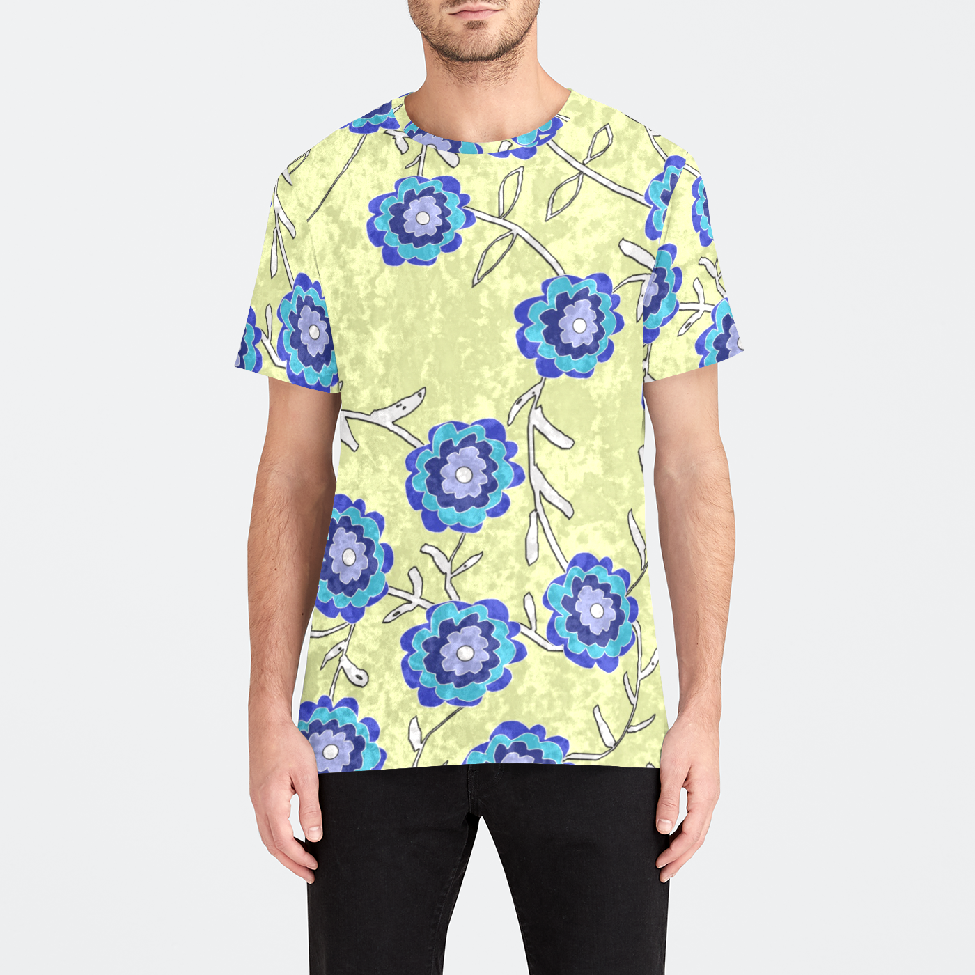 Blue Flowers On Yellow Mens Velvet Tee