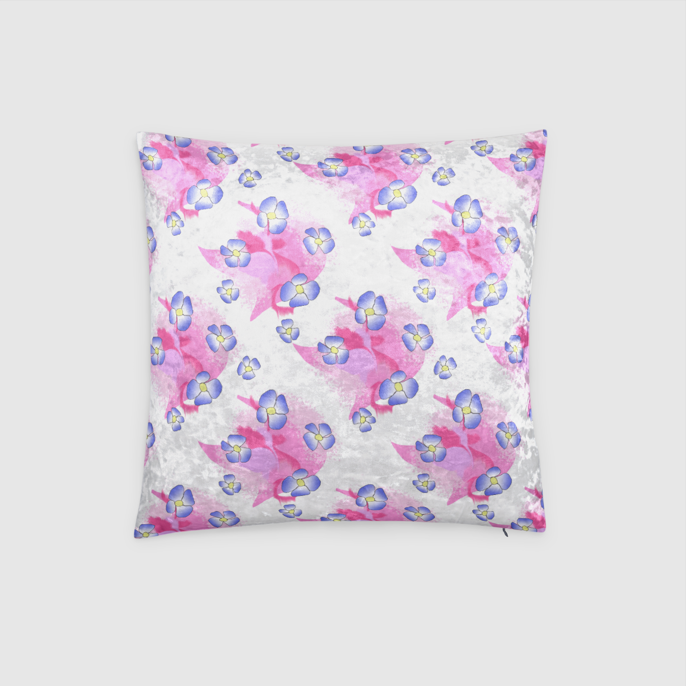 Blue Flowers on Pink Crushed Velvet Throw Pillow