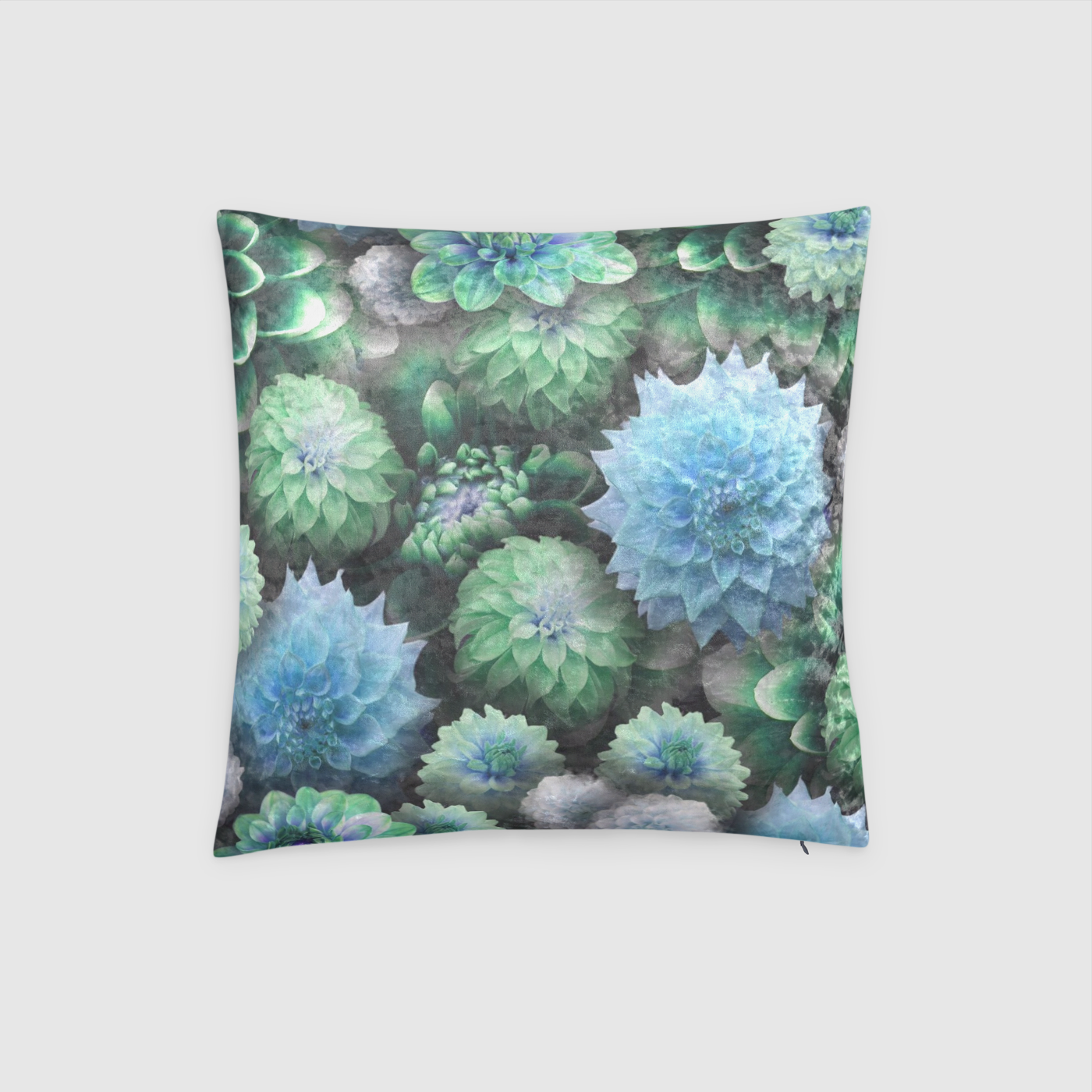 Blue Green Dahlias Collage Crushed Velvet Throw Pillow