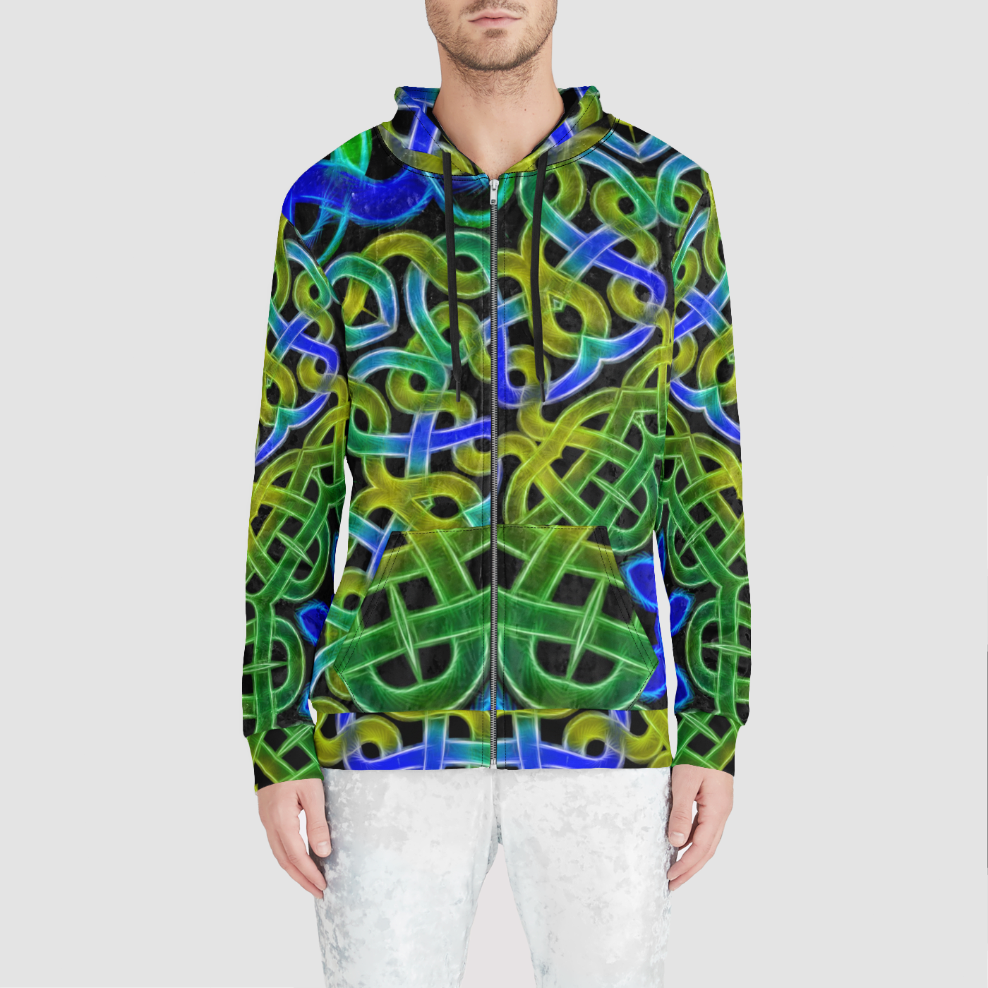 Blue Green Celtic Kaleidoscope Unisex Zip Relaxed Velvet Hoodie