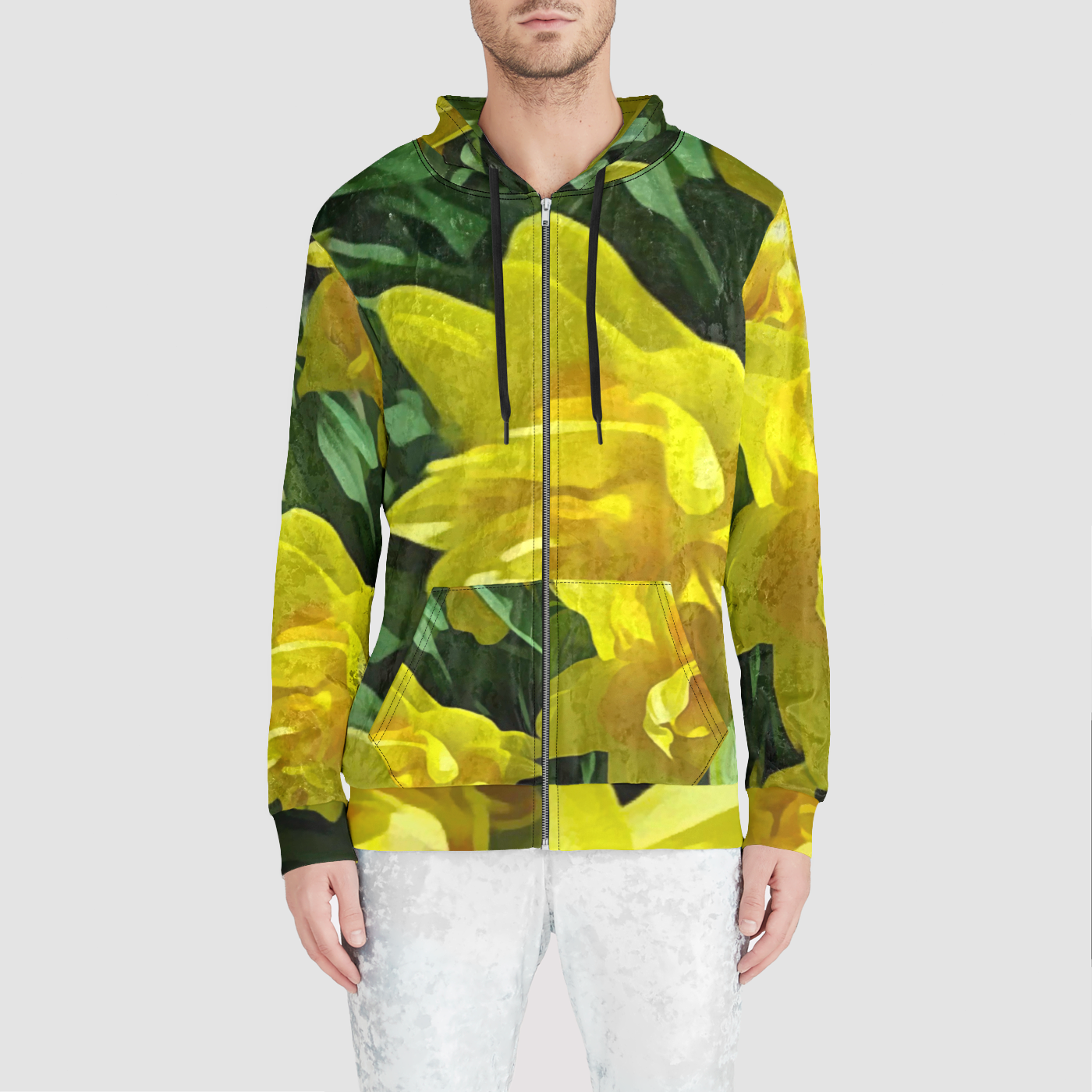 Bright Yellow Daffodils Unisex Zip Relaxed Velvet Hoodie