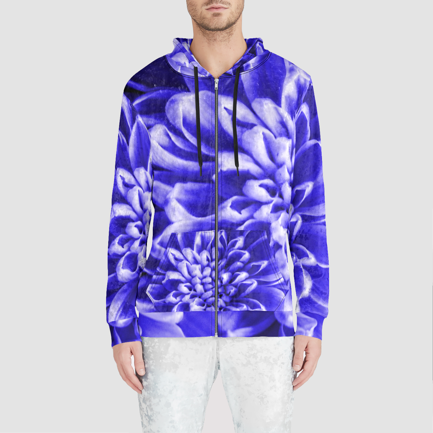 Blue Chrysanthemum Unisex Zip Relaxed Velvet Hoodie