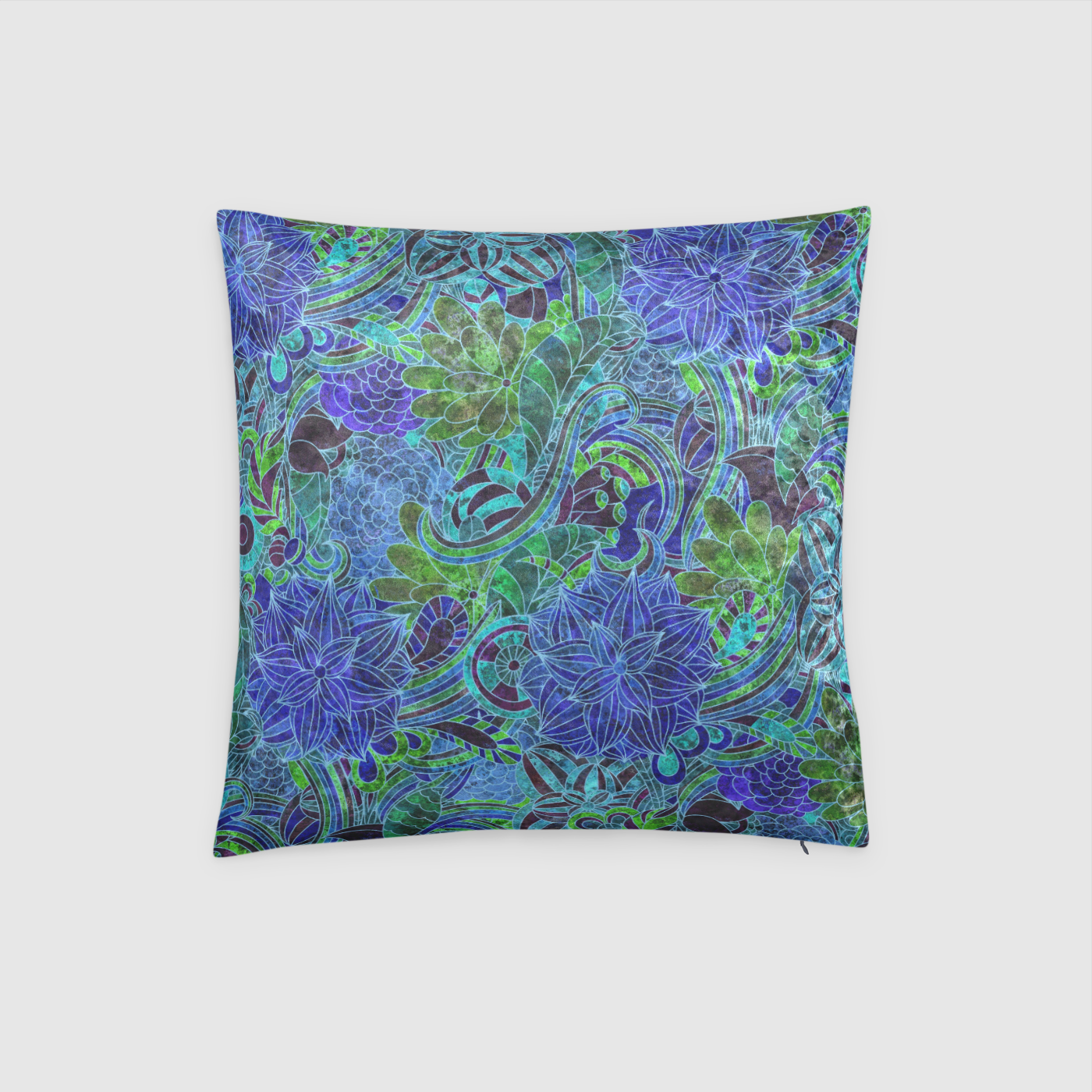 Blue Green Flower Pattern Crushed Velvet Throw Pillow