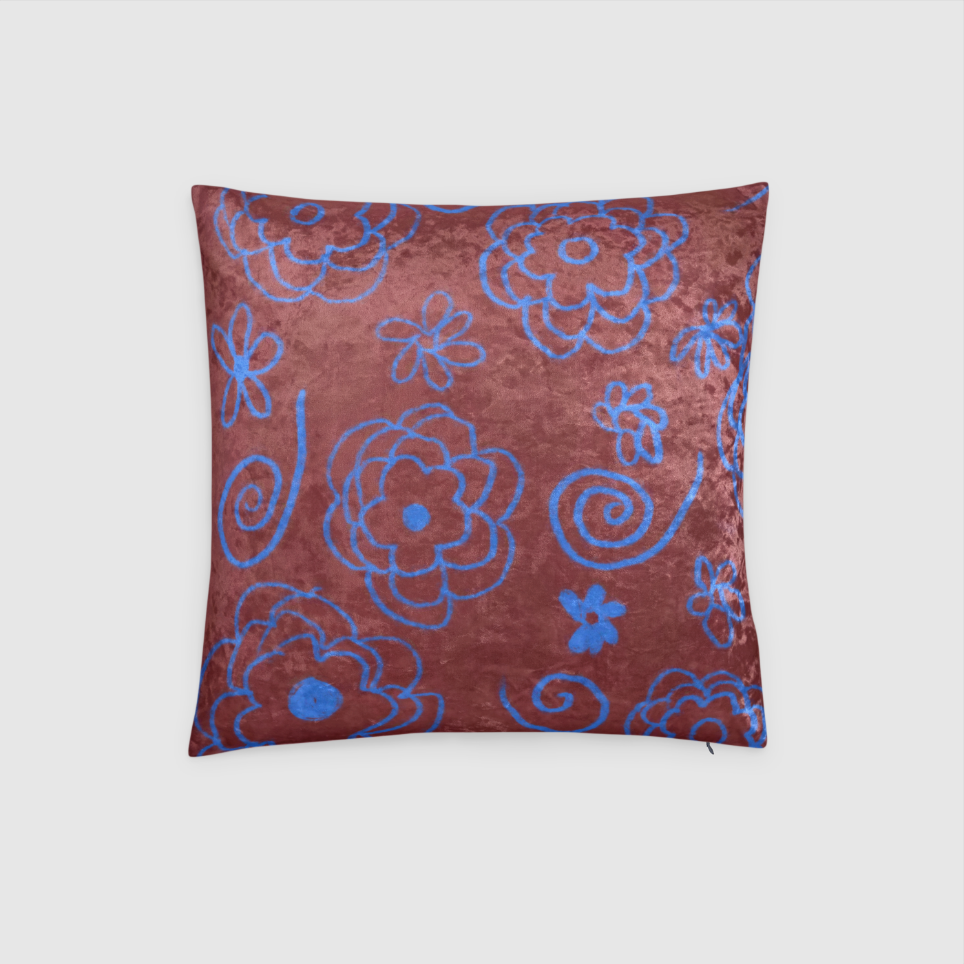 Blue Flowers Drawing Crushed Velvet Throw Pillow