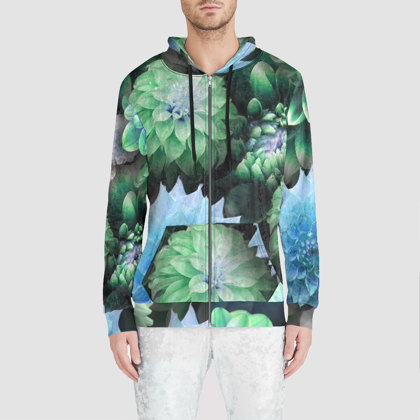 Blue Green Dahlias Unisex Zip Relaxed Velvet Hoodie