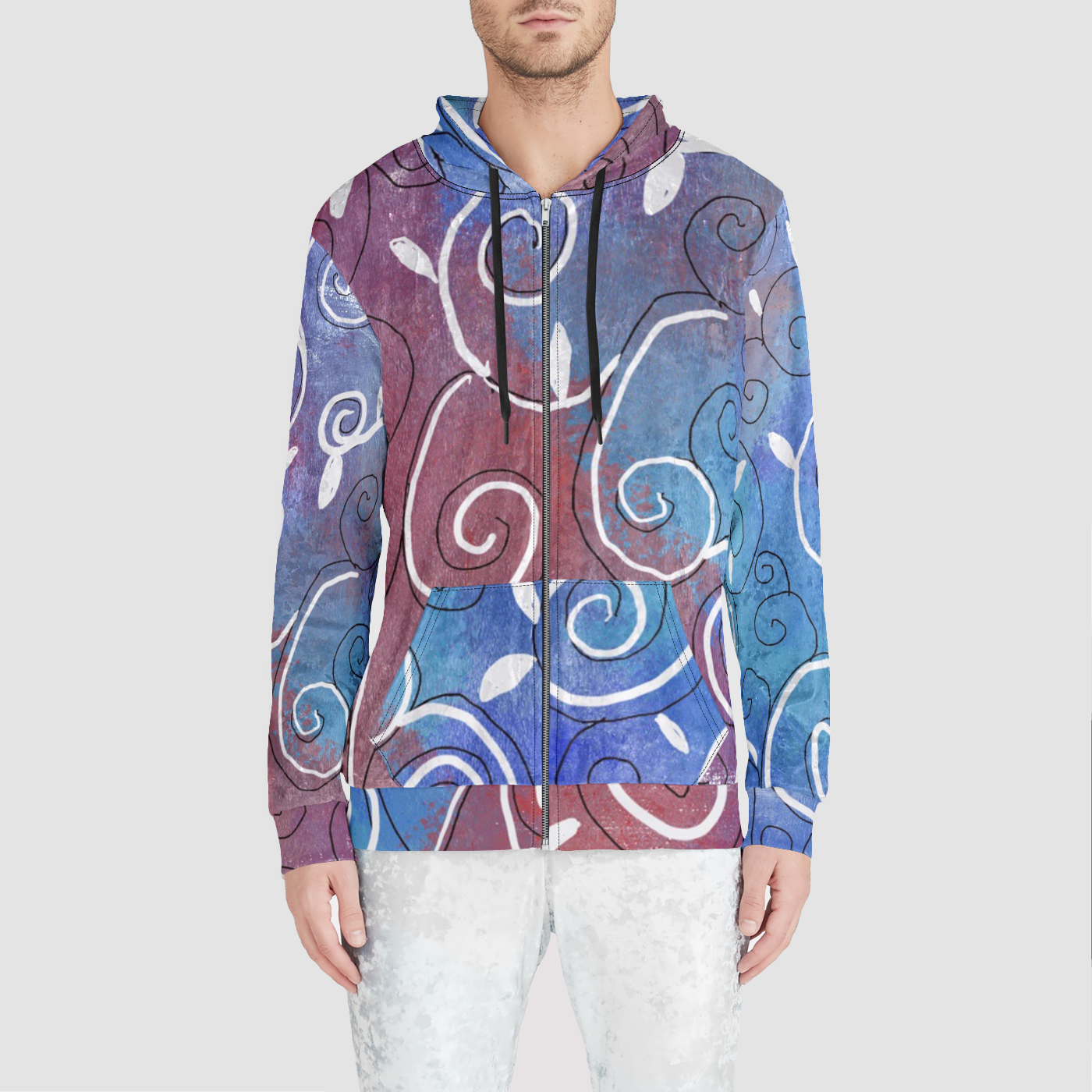 Blue and White Swirl Unisex Zip Relaxed Velvet Hoodie