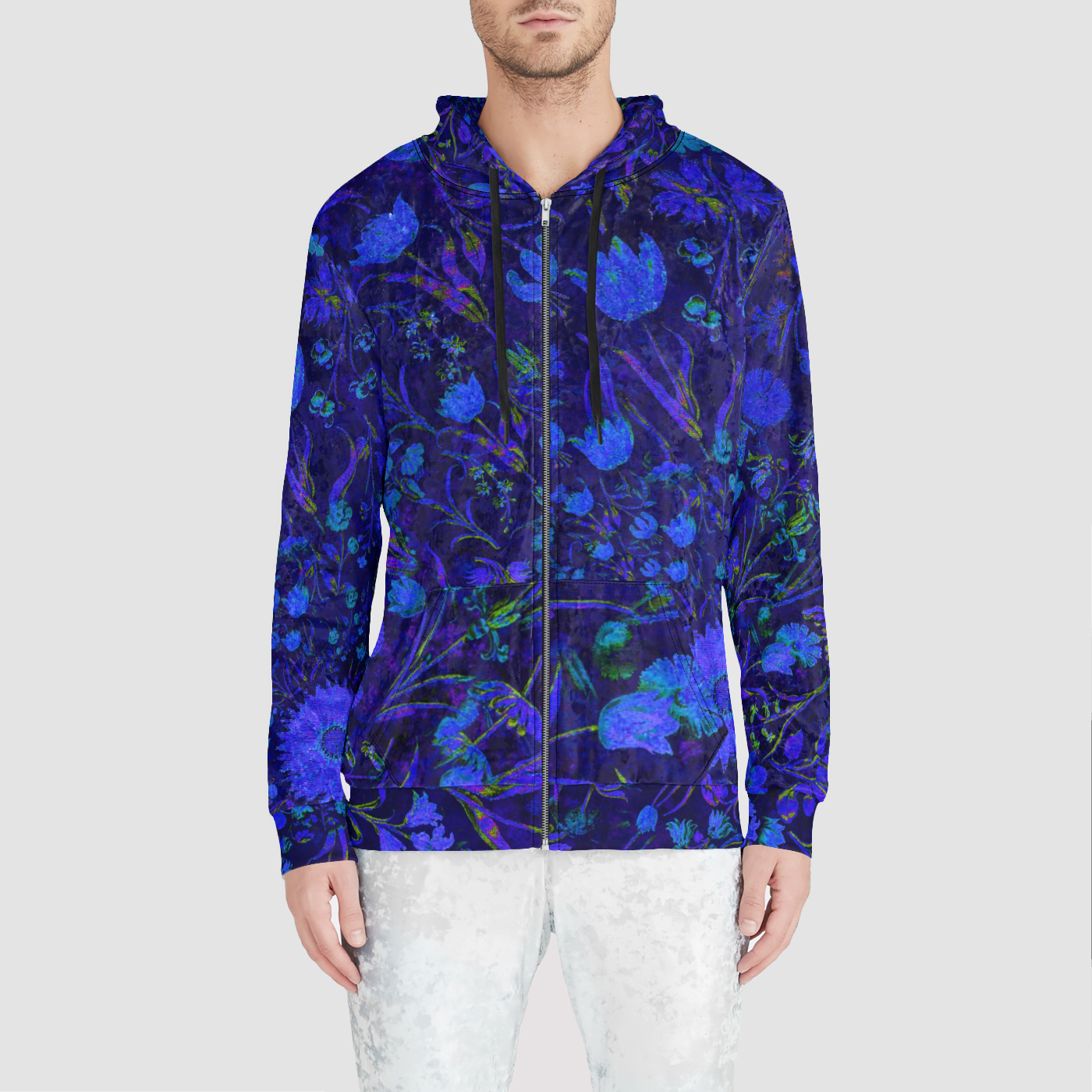 Blue Medieval Flowers Unisex Zip Relaxed Velvet Hoodie