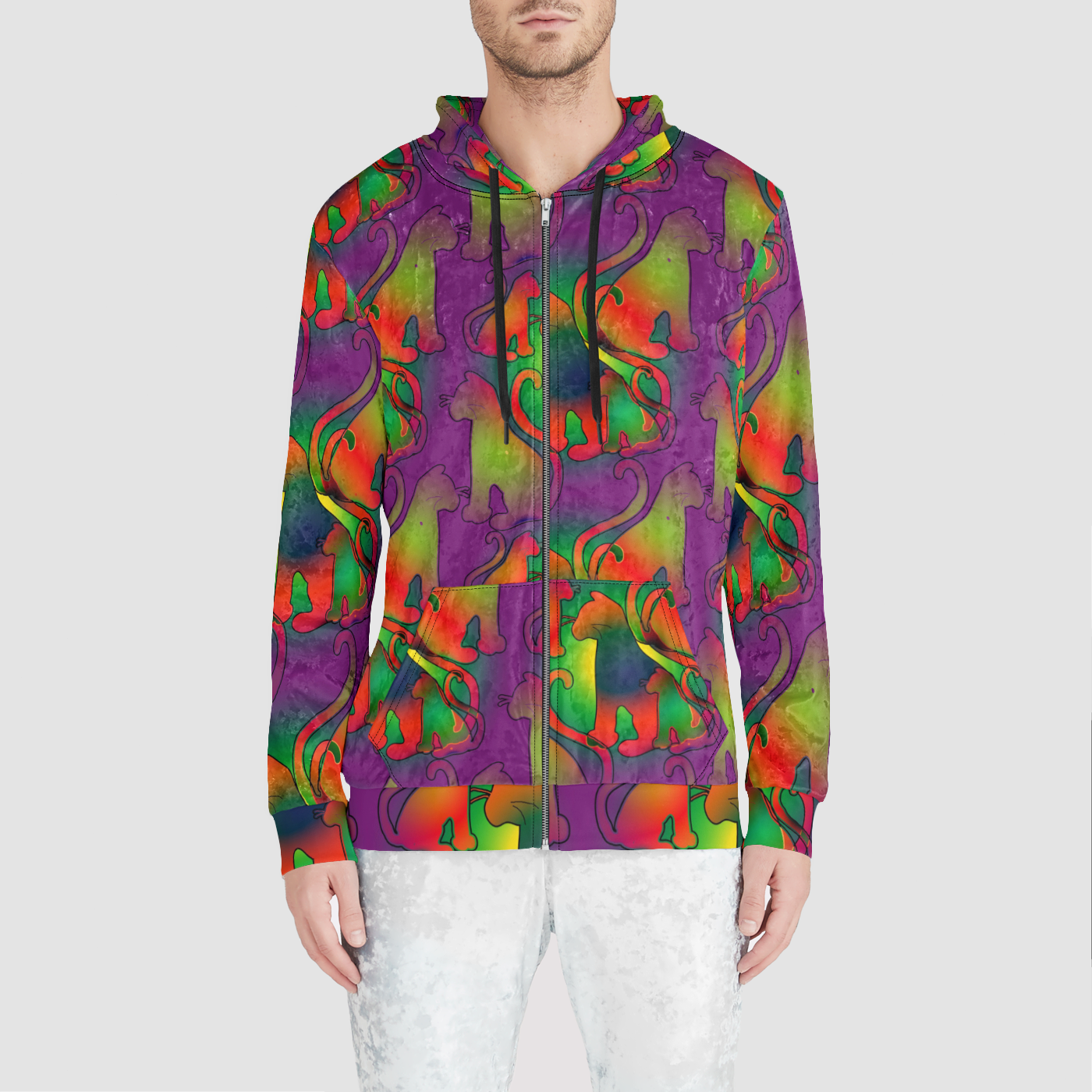 Abstract Rainbow Cats Unisex Zip Relaxed Velvet Hoodie