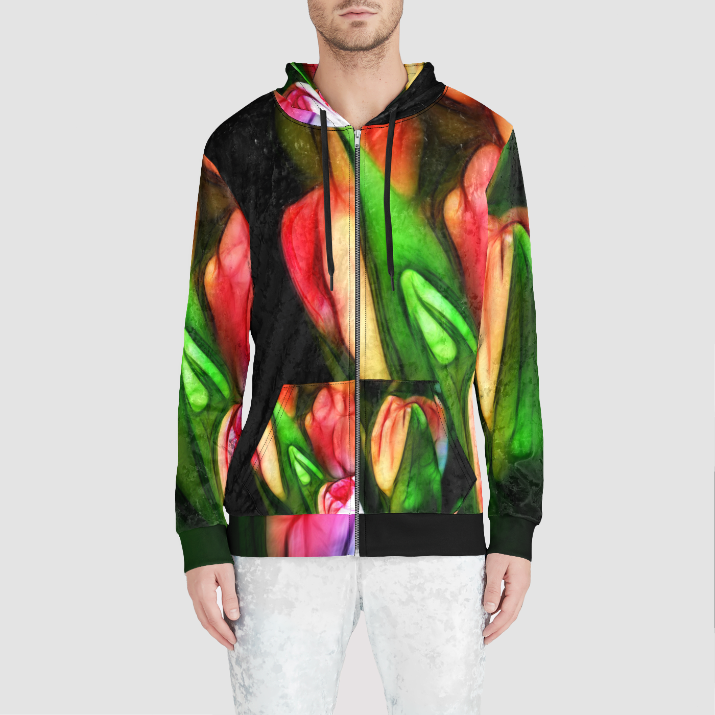 Abstract Pink Tulips Unisex Zip Relaxed Velvet Hoodie