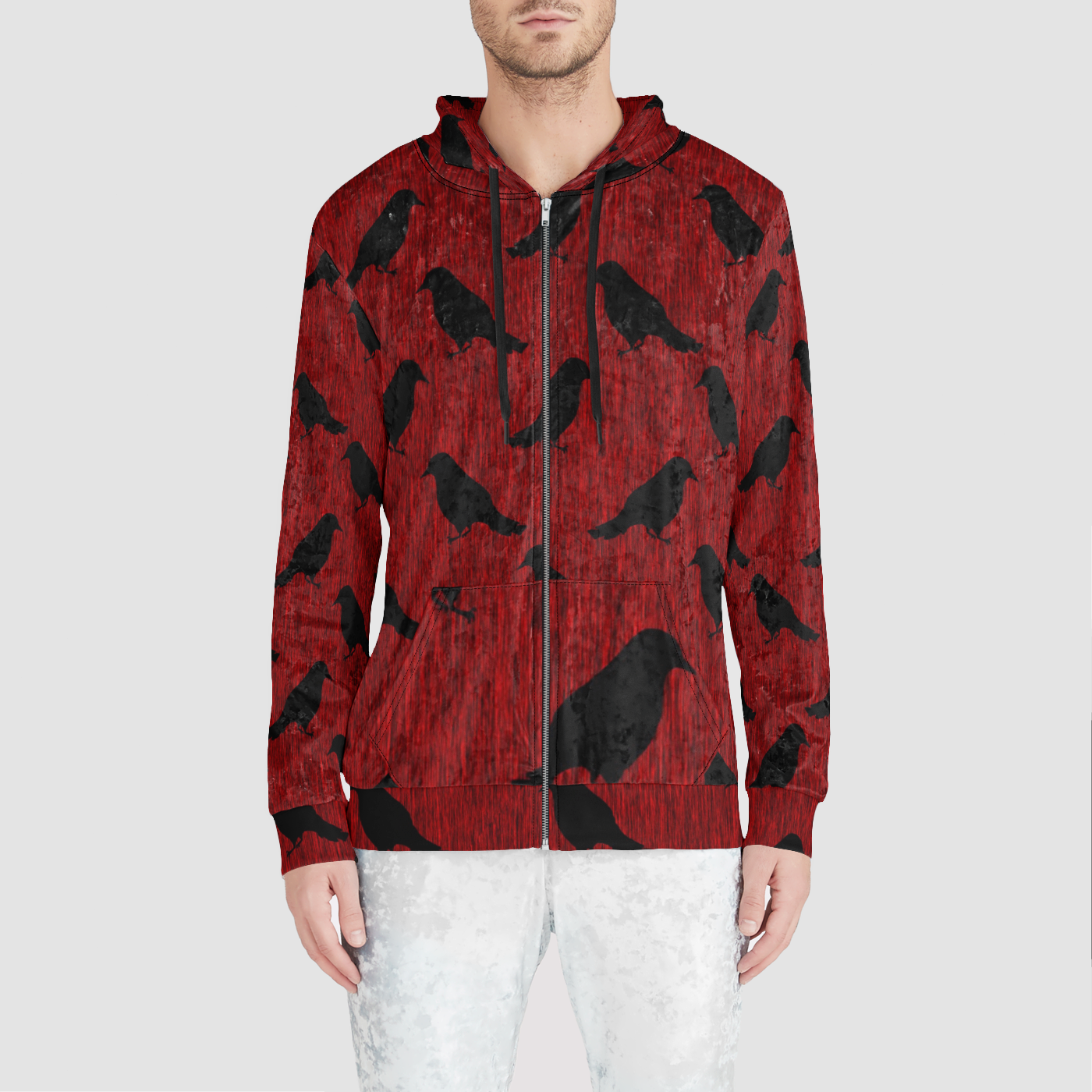 Ravens On Red Unisex Zip Relaxed Velvet Hoodie