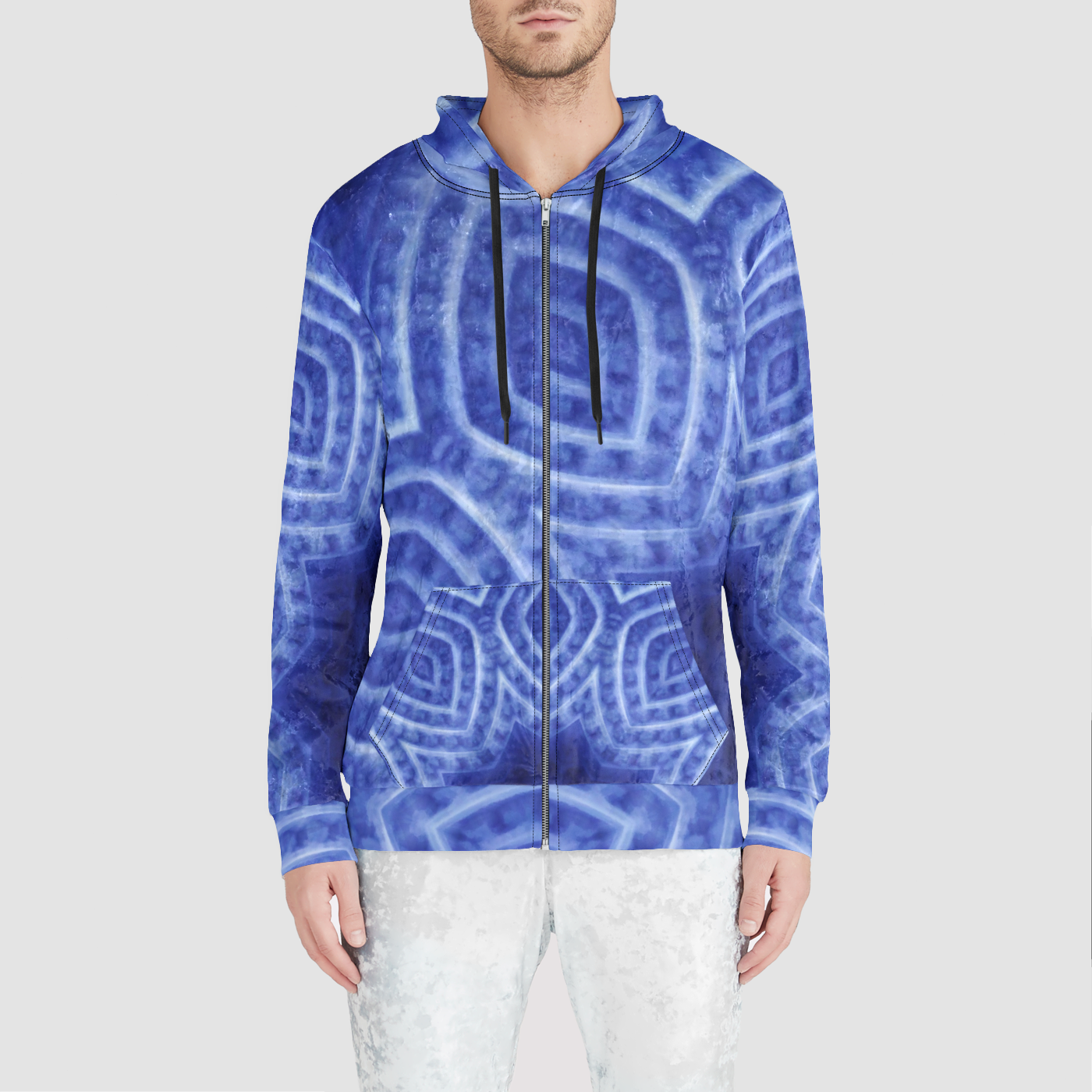 Blue and White Kaleidoscope Unisex Zip Relaxed Velvet Hoodie