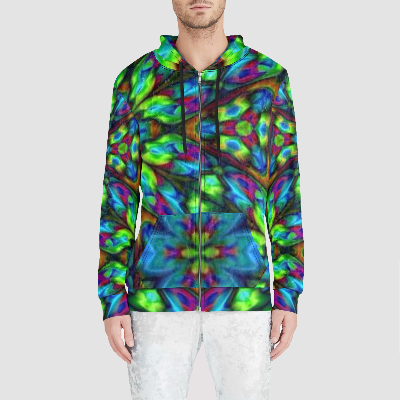 Blue Green Kaleidoscope Unisex Zip Relaxed Velvet Hoodie