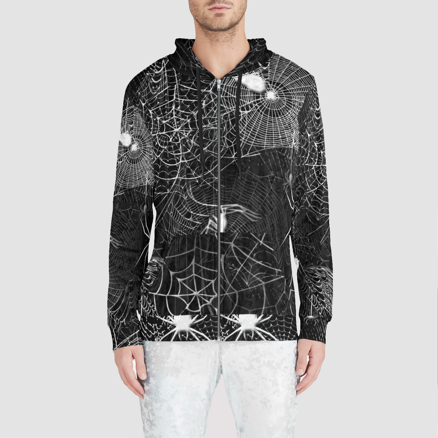 Black and White Spider Webs Unisex Zip Relaxed Velvet Hoodie