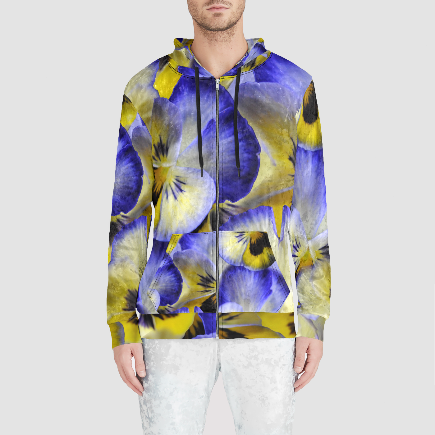 Blue and Yellow Pansies Unisex Zip Relaxed Velvet Hoodie