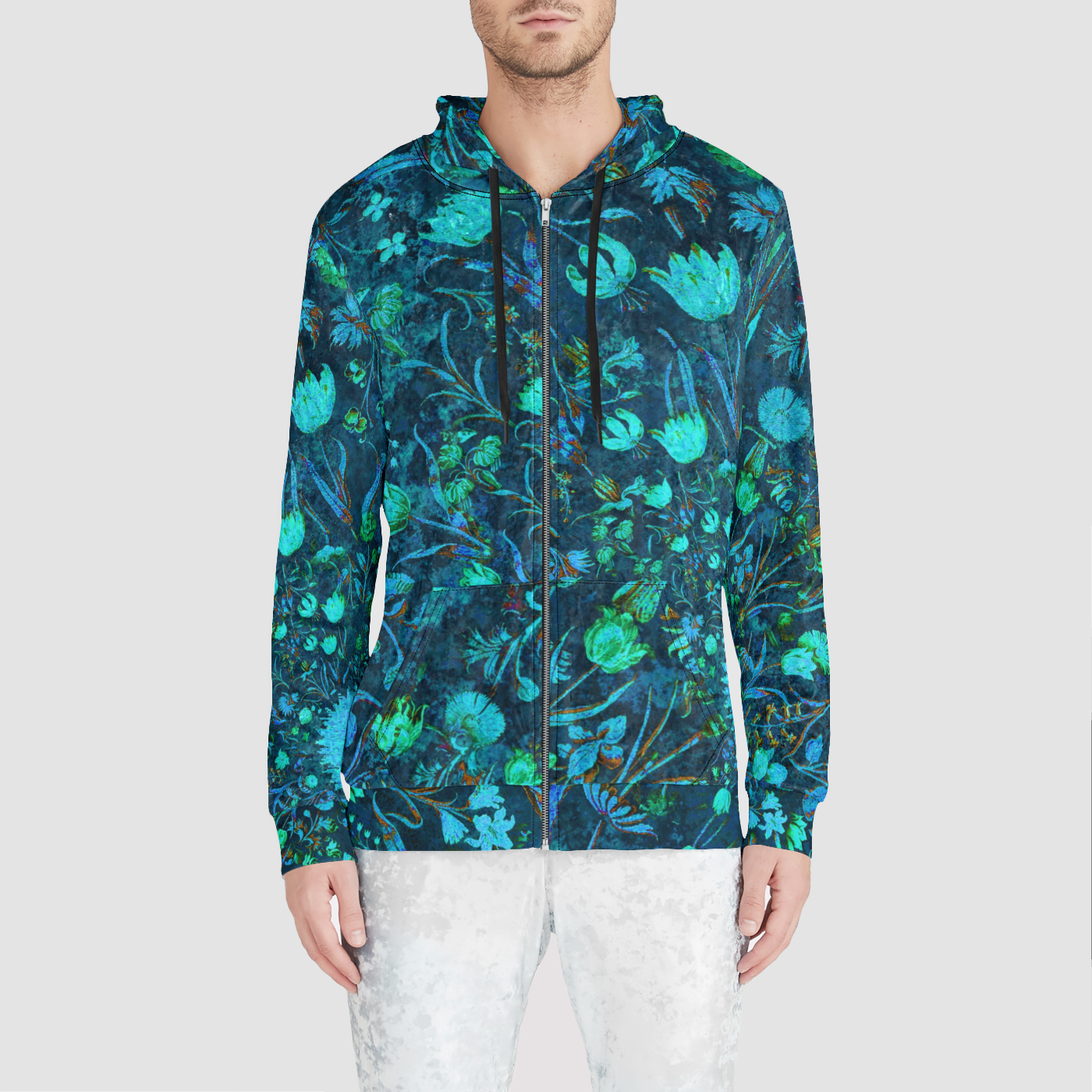 Blue Green Medieval Flowers Unisex Zip Relaxed Velvet Hoodie