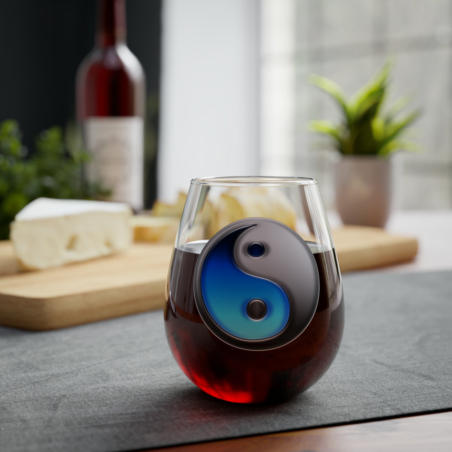 Blue and Silver Ying Yang Stemless Wine Glass, 11.75oz