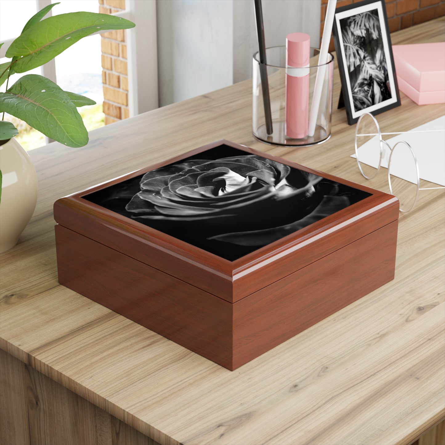 Dark Black and White Rose Jewelry Box