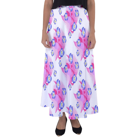 Blue Flowers On Pink Flared Maxi Skirt