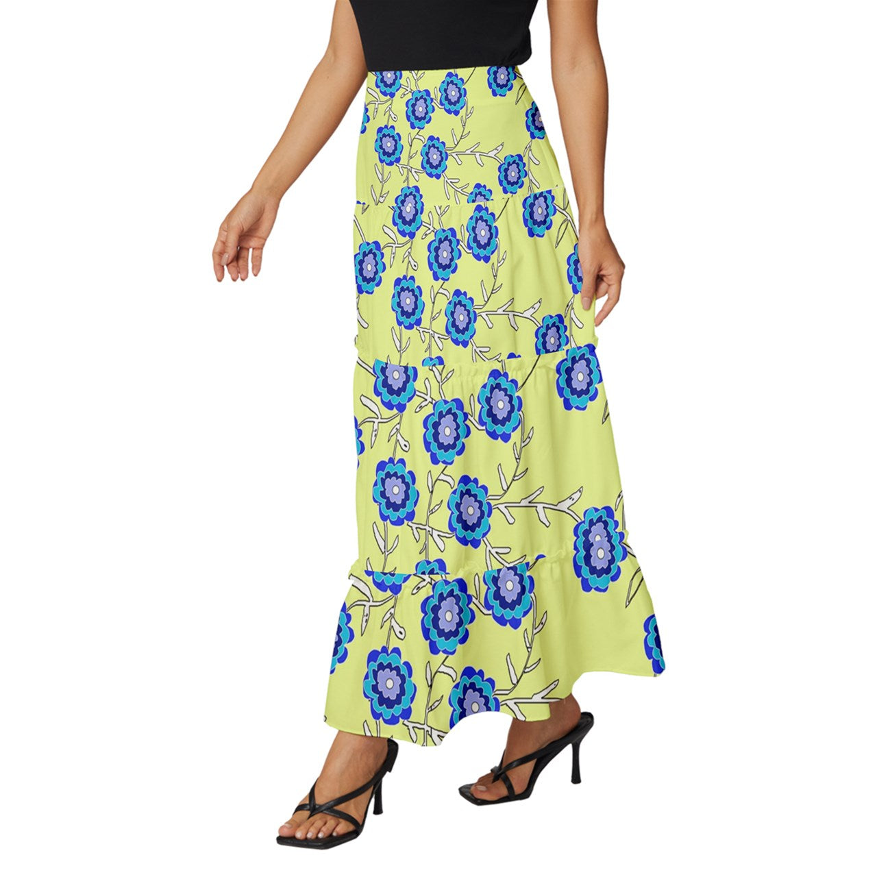 Blue Flowers On Yellow Tiered Ruffle Maxi Skirt