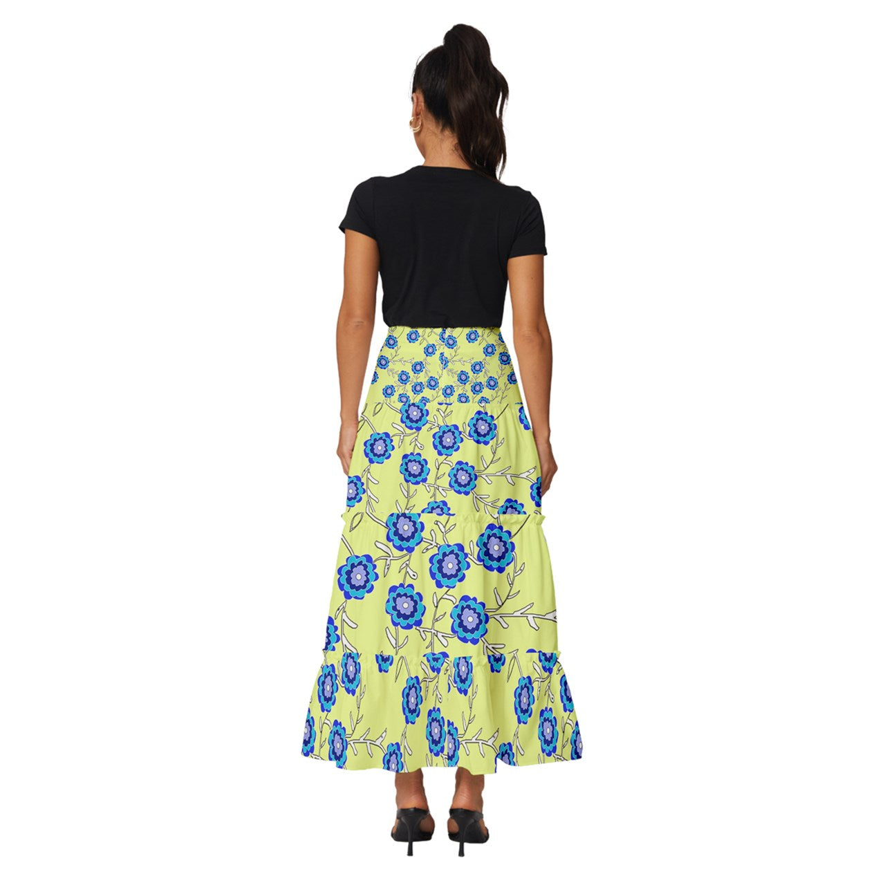 Blue Flowers On Yellow Tiered Ruffle Maxi Skirt