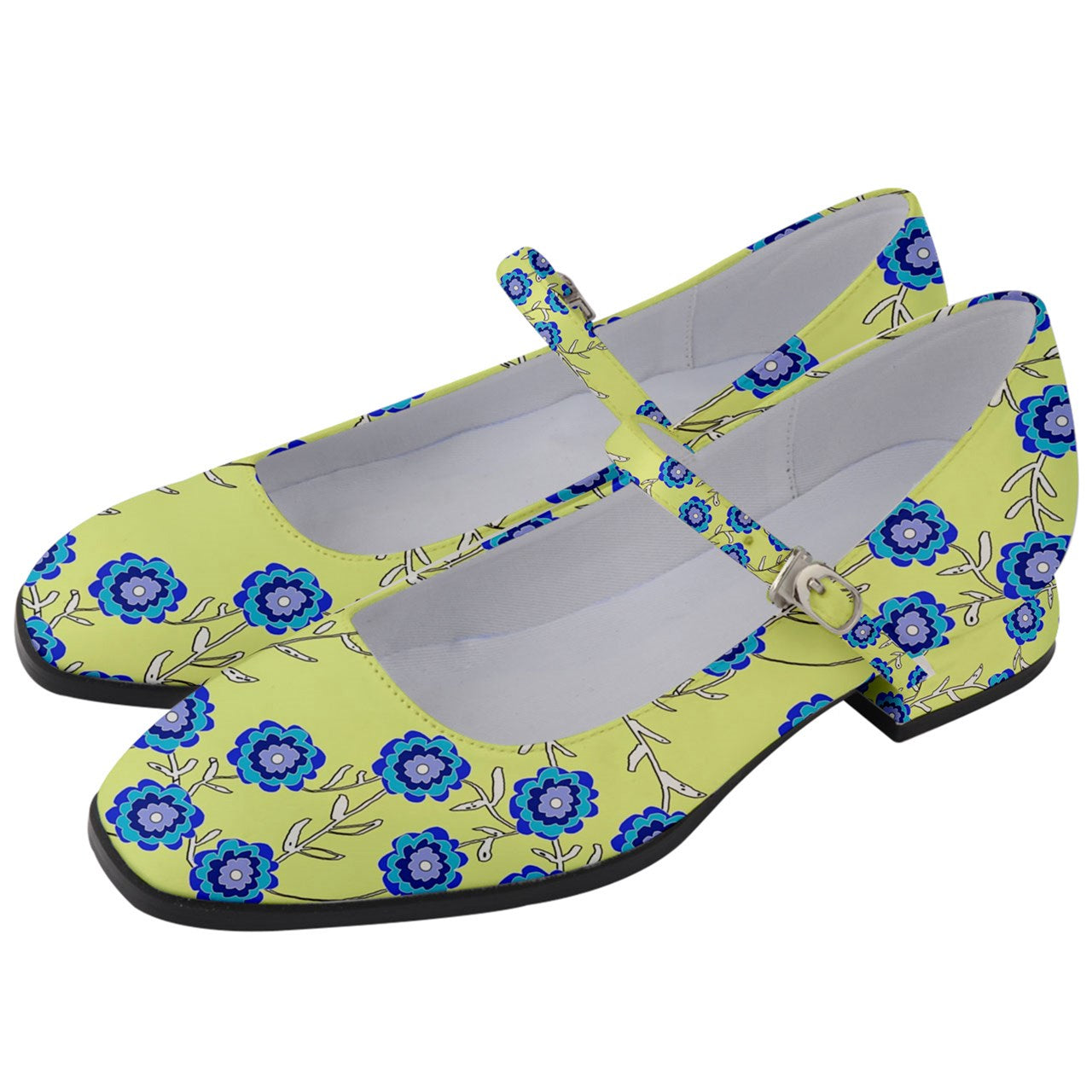 Blue Flowers On Yellow Women's Mary Jane Shoes