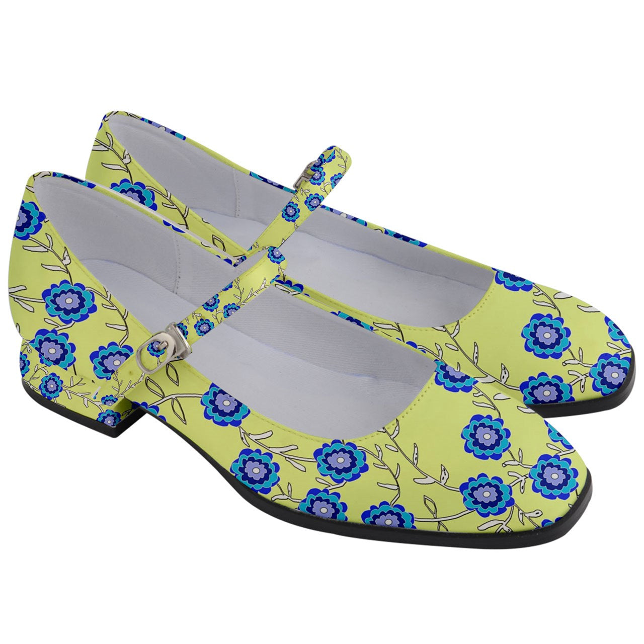 Blue Flowers On Yellow Women's Mary Jane Shoes