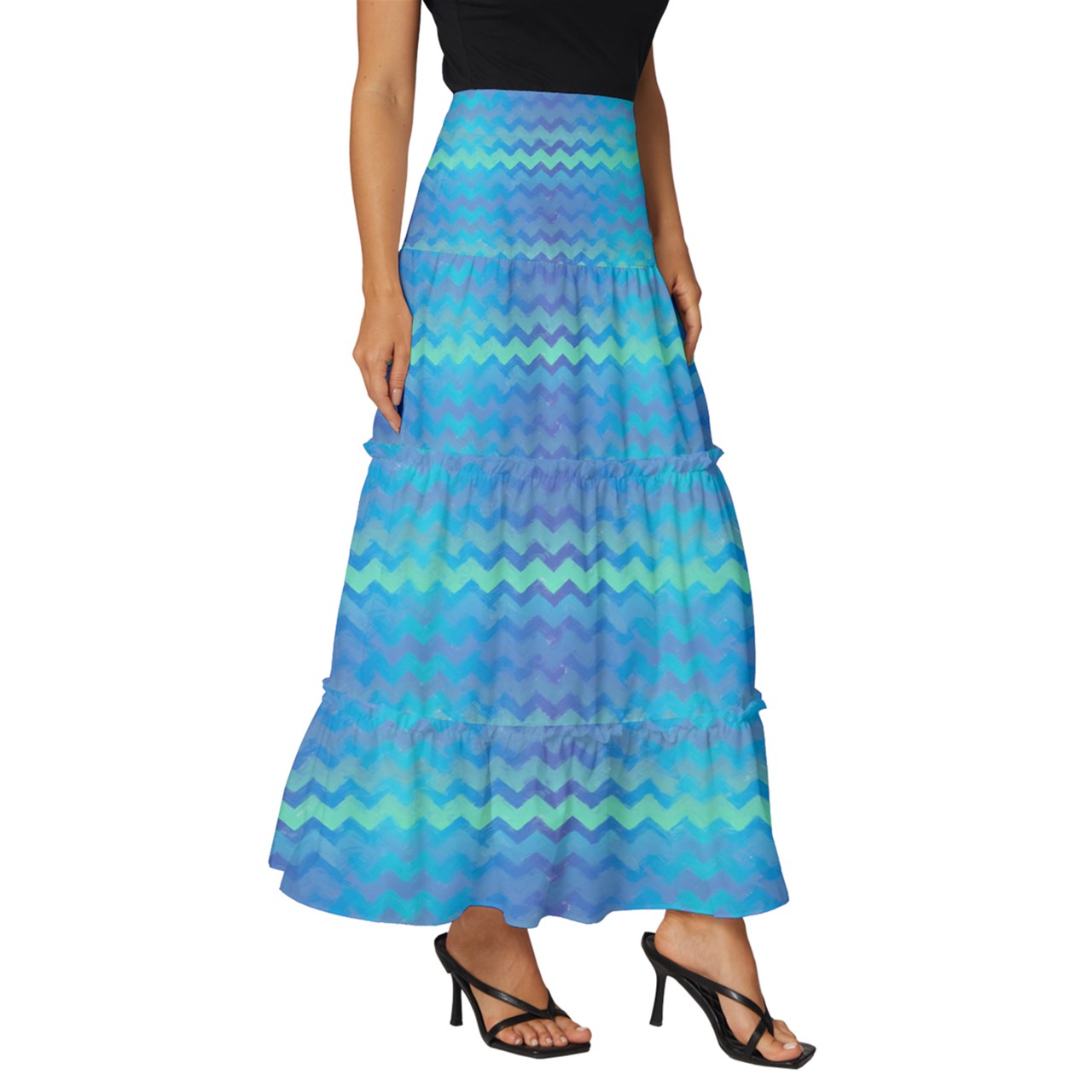 Mermaid Stripes Tiered Ruffle Maxi Skirt