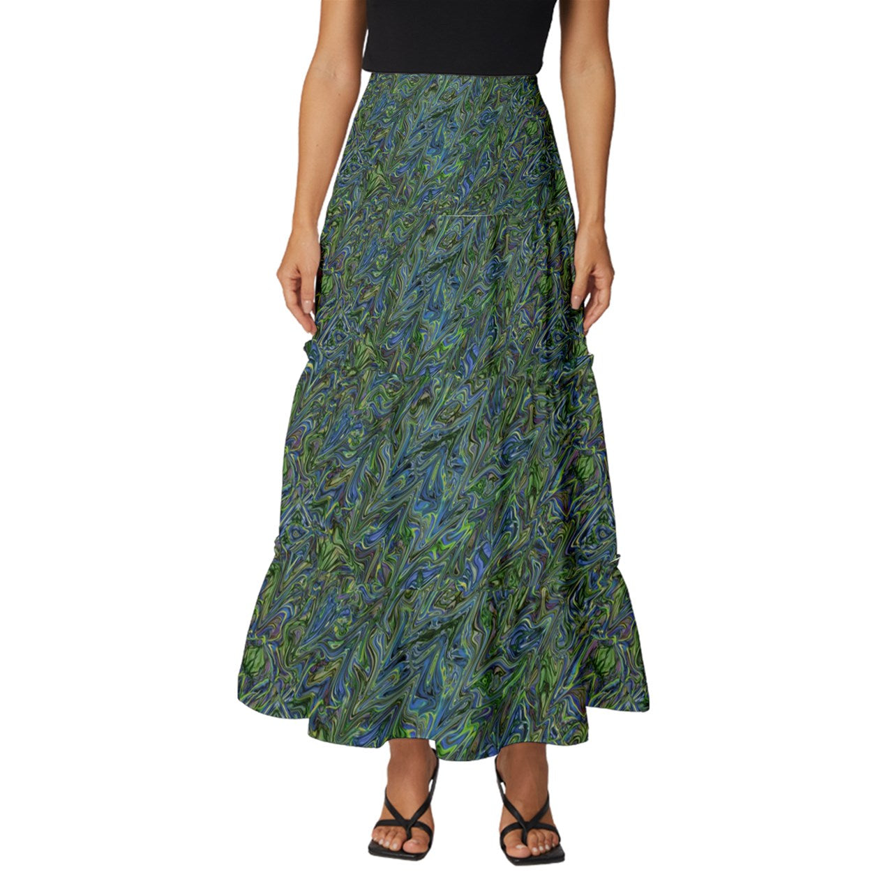 Blue Green Liquid Marbling Tiered Ruffle Maxi Skirt