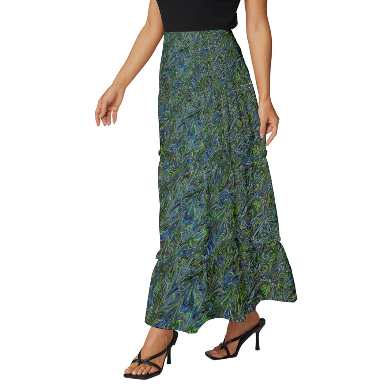 Blue Green Liquid Marbling Tiered Ruffle Maxi Skirt