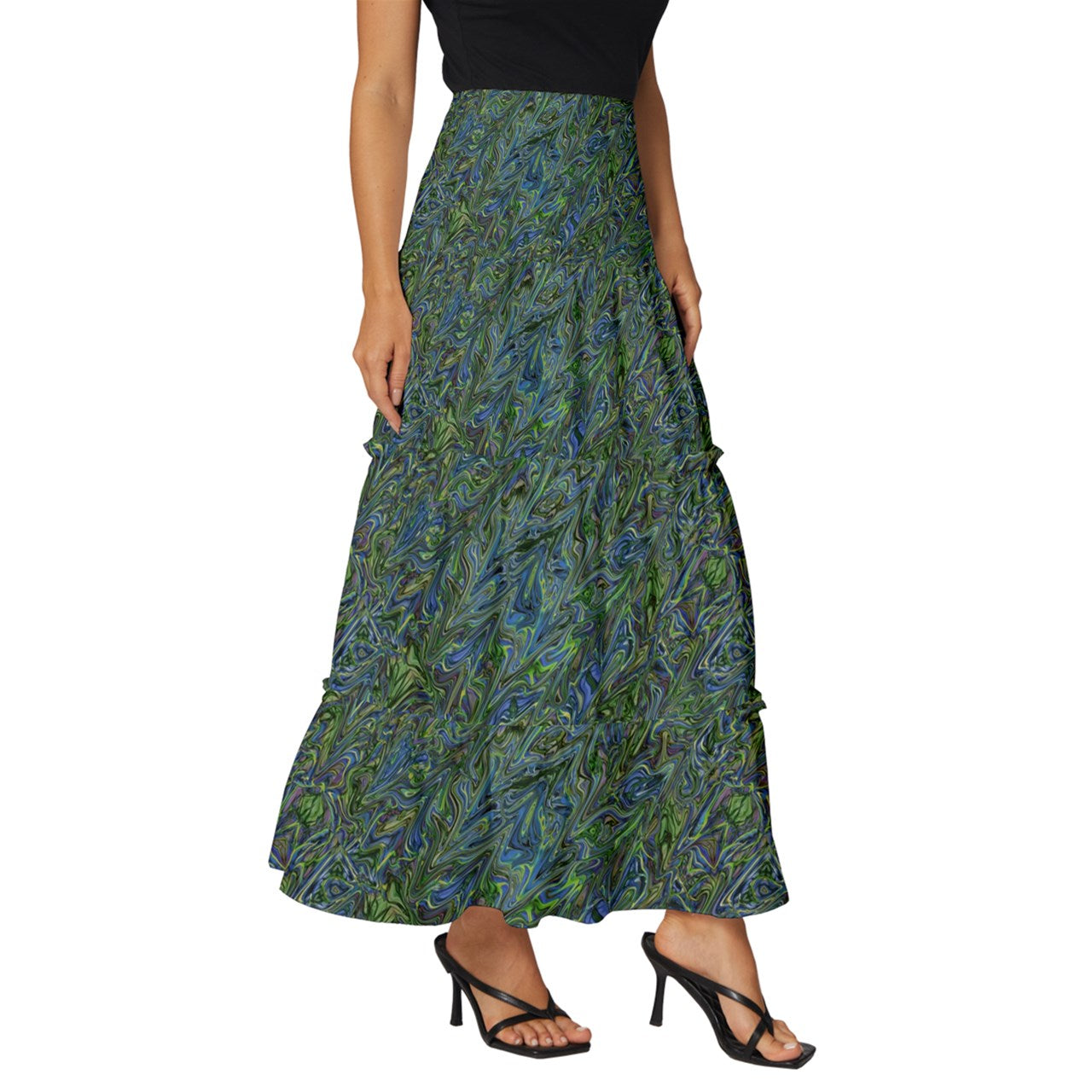 Blue Green Liquid Marbling Tiered Ruffle Maxi Skirt