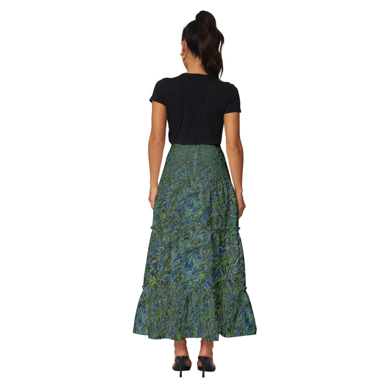 Blue Green Liquid Marbling Tiered Ruffle Maxi Skirt