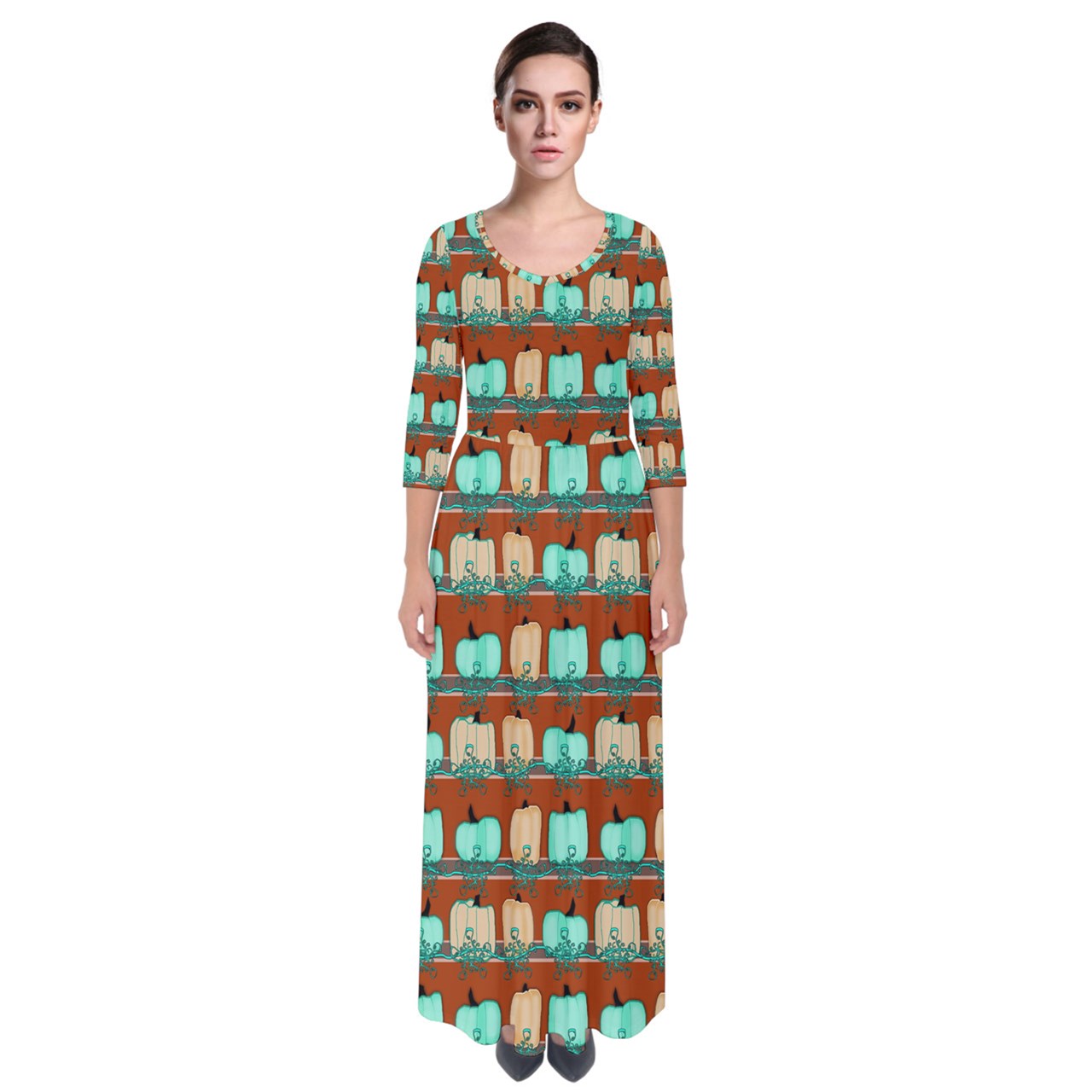 Blue Green Pumpkins Quarter Sleeve Maxi Dress